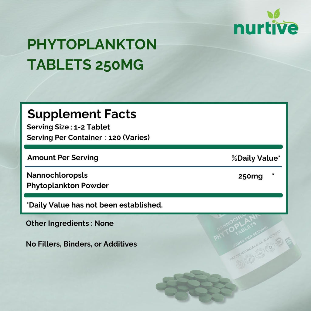 NURTIVE Nannochloropsis Phytoplankton Tablets – 250mg per Serving – Vegan, Gluten-Free, Non-GMO, No Fillers – Third-Party Tested, GMP Certified – 2 Tablets/Day for 2 Month, 120 Tablets/Bottle - TrustMedUSA