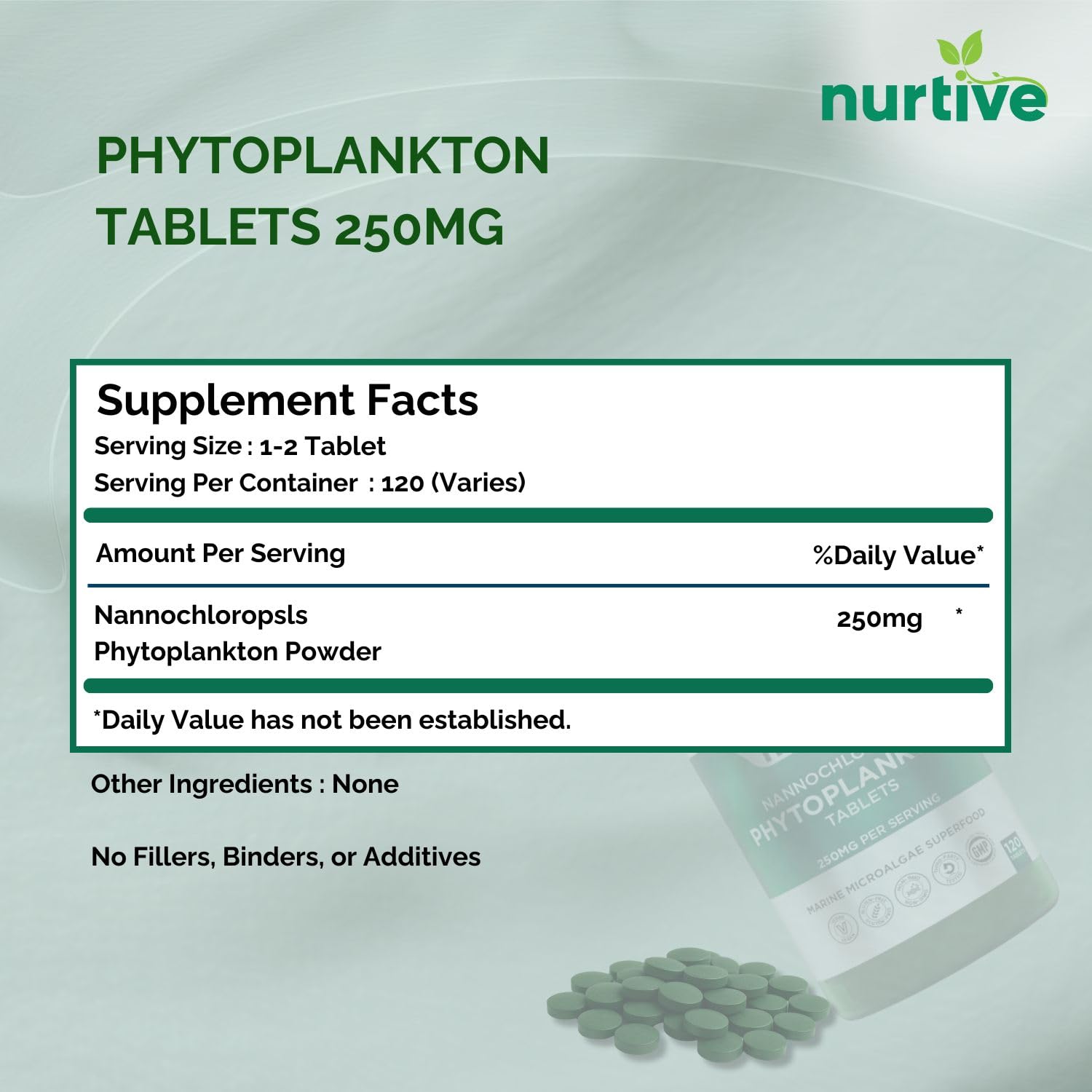 NURTIVE Nannochloropsis Phytoplankton Tablets – 250mg per Serving – Vegan, Gluten-Free, Non-GMO, No Fillers – Third-Party Tested, GMP Certified – 2 Tablets/Day for 2 Month, 120 Tablets/Bottle - TrustMedUSA