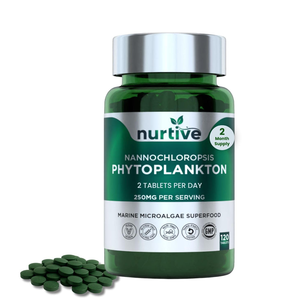 NURTIVE Nannochloropsis Phytoplankton Tablets – 250mg per Serving – Vegan, Gluten-Free, Non-GMO, No Fillers – Third-Party Tested, GMP Certified – 2 Tablets/Day for 2 Month, 120 Tablets/Bottle - TrustMedUSA