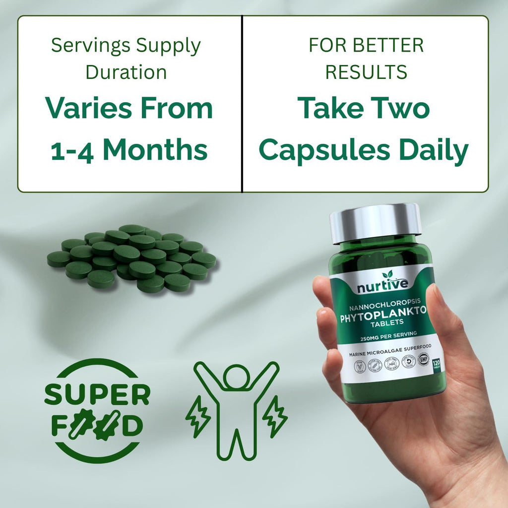 NURTIVE Nannochloropsis Phytoplankton Tablets – 250mg per Serving – Vegan, Gluten-Free, Non-GMO, No Fillers – Third-Party Tested, GMP Certified – 2 Tablets/Day for 2 Month, 120 Tablets/Bottle - TrustMedUSA