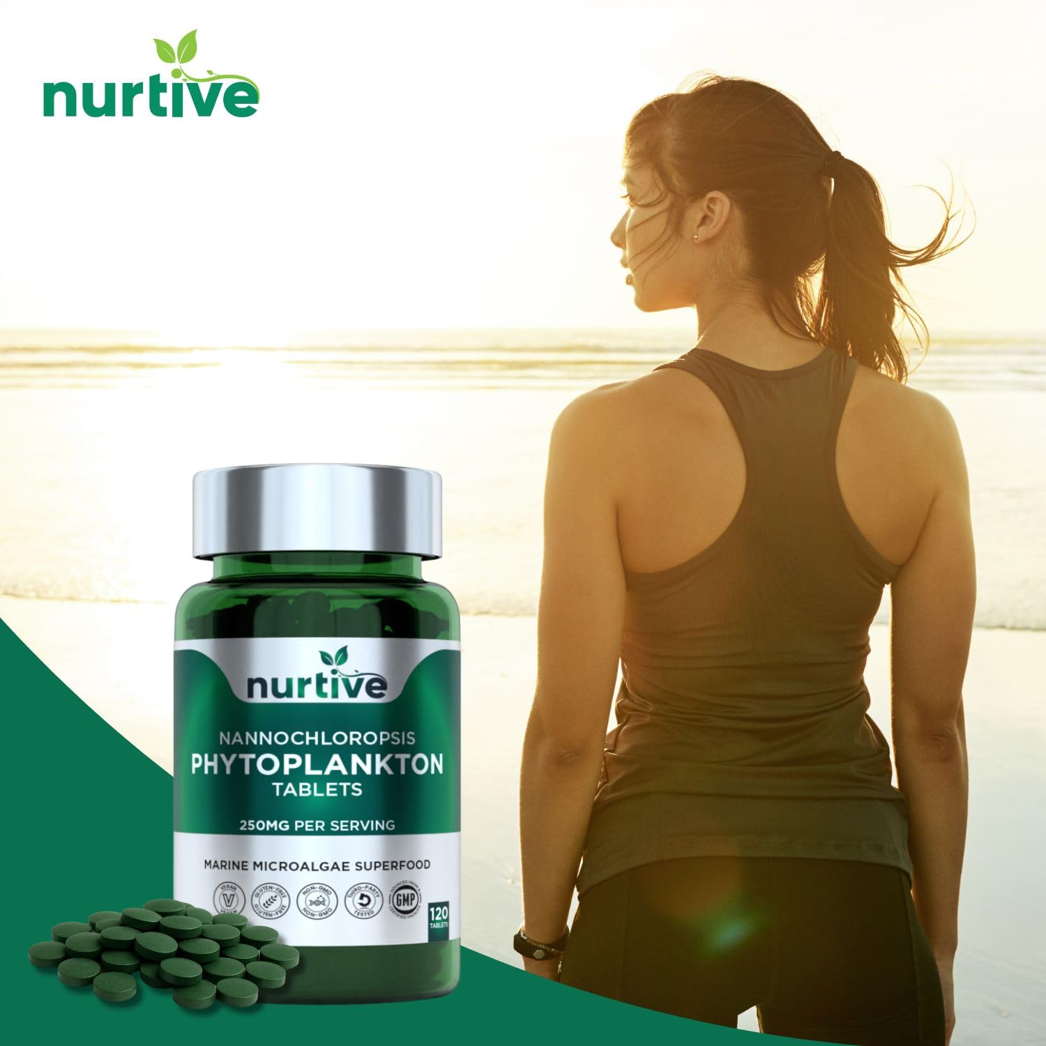 NURTIVE Nannochloropsis Phytoplankton Tablets – 250mg per Serving – Vegan, Gluten-Free, Non-GMO, No Fillers – Third-Party Tested, GMP Certified – 2 Tablets/Day for 2 Month, 120 Tablets/Bottle - TrustMedUSA