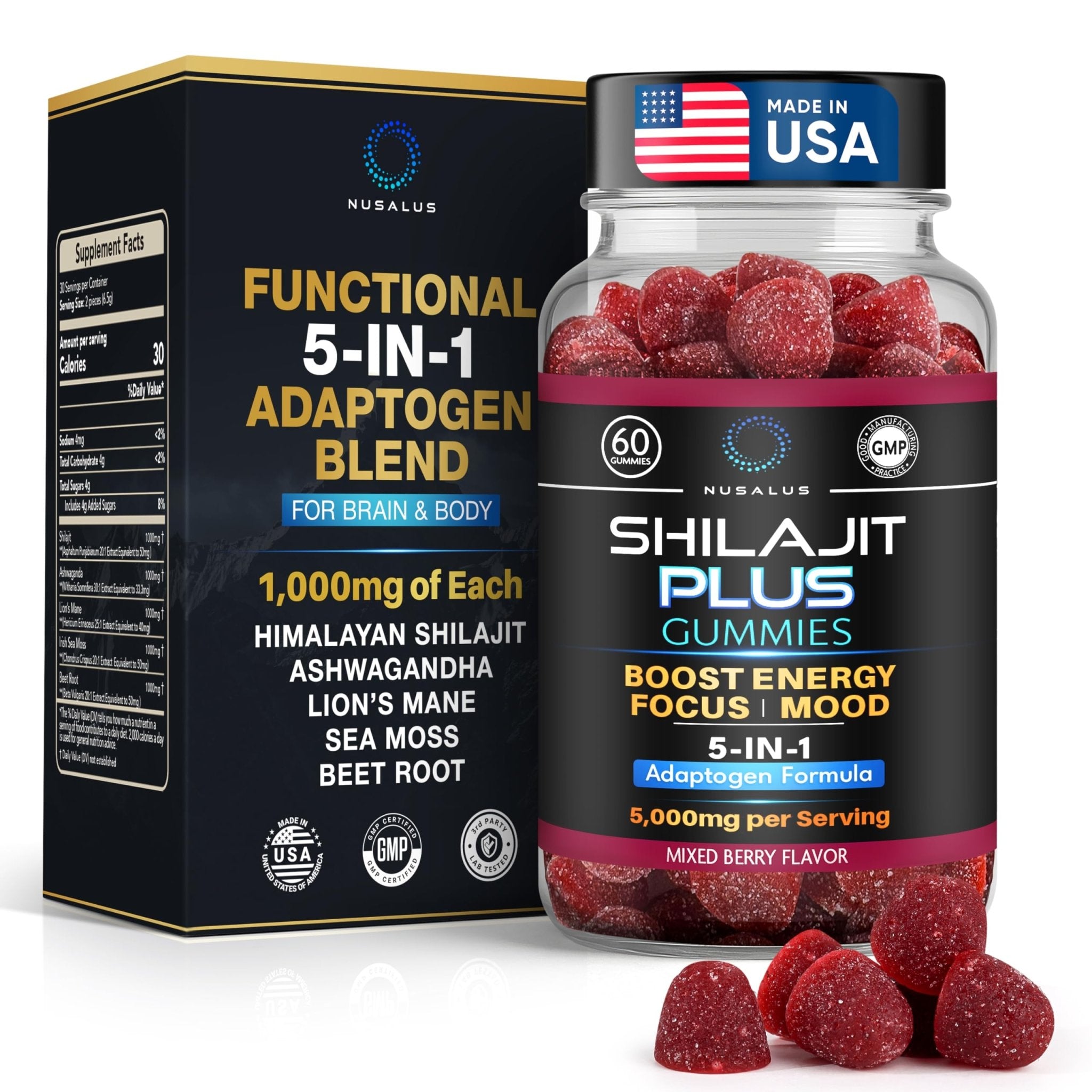 Nusalus Shilajit Plus Gummies – 5-in-1 Adaptogen Energy & Focus Supplement | Shilajit, Ashwagandha, Lion’s Mane, Sea Moss & Beet Root | Natural Energy & Stress Support | Made in USA, Vegan, 60ct - TrustMedUSA
