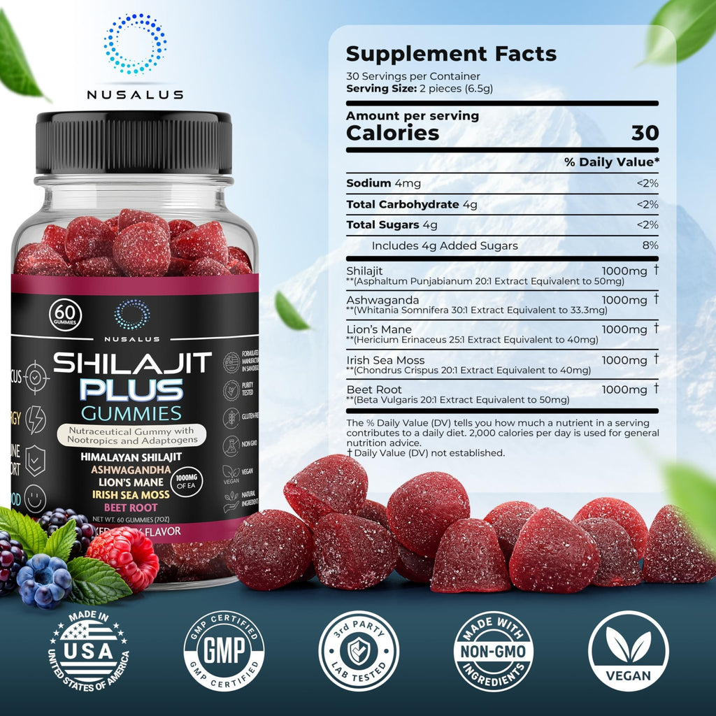 Nusalus Shilajit Plus Gummies – 5-in-1 Adaptogen Energy & Focus Supplement | Shilajit, Ashwagandha, Lion’s Mane, Sea Moss & Beet Root | Natural Energy & Stress Support | Made in USA, Vegan, 60ct - TrustMedUSA