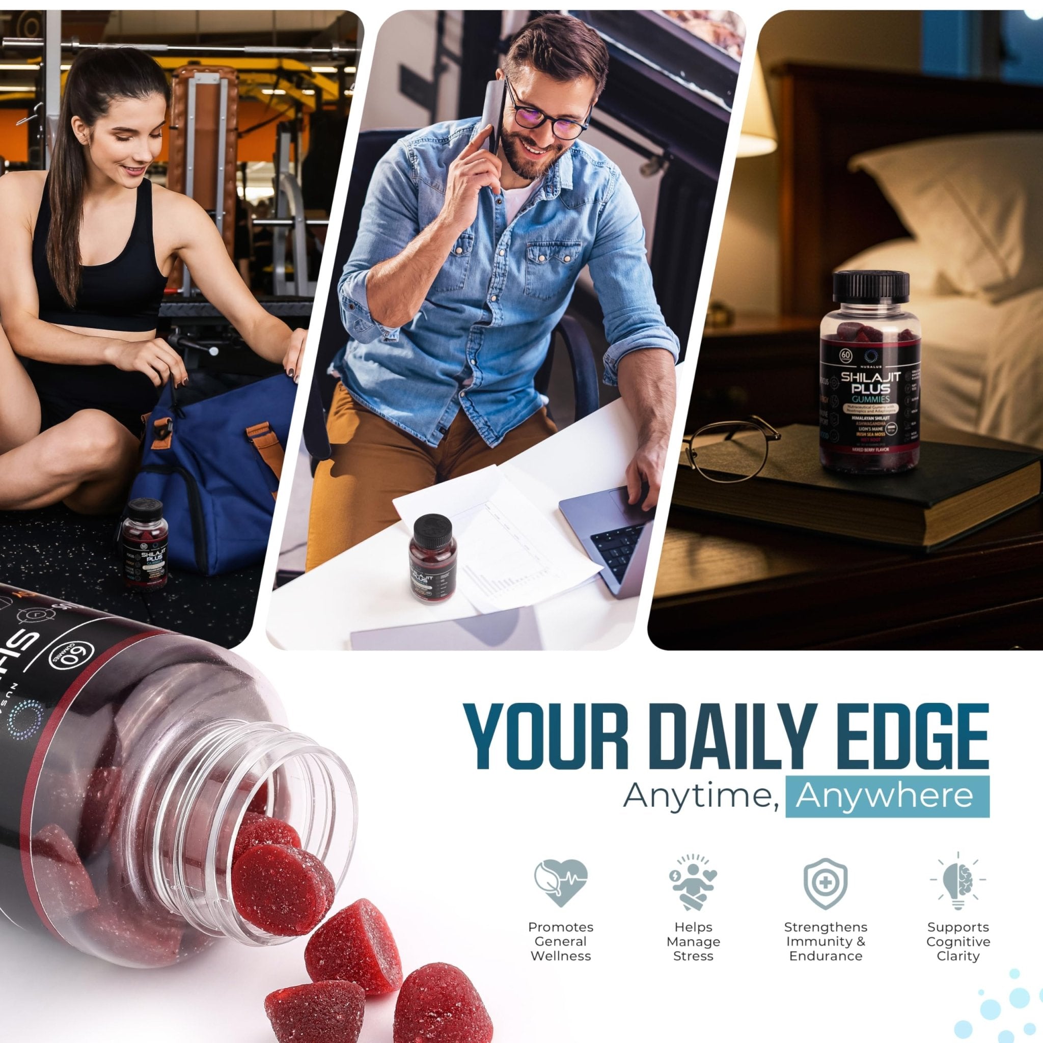Nusalus Shilajit Plus Gummies – 5-in-1 Adaptogen Energy & Focus Supplement | Shilajit, Ashwagandha, Lion’s Mane, Sea Moss & Beet Root | Natural Energy & Stress Support | Made in USA, Vegan, 60ct - TrustMedUSA