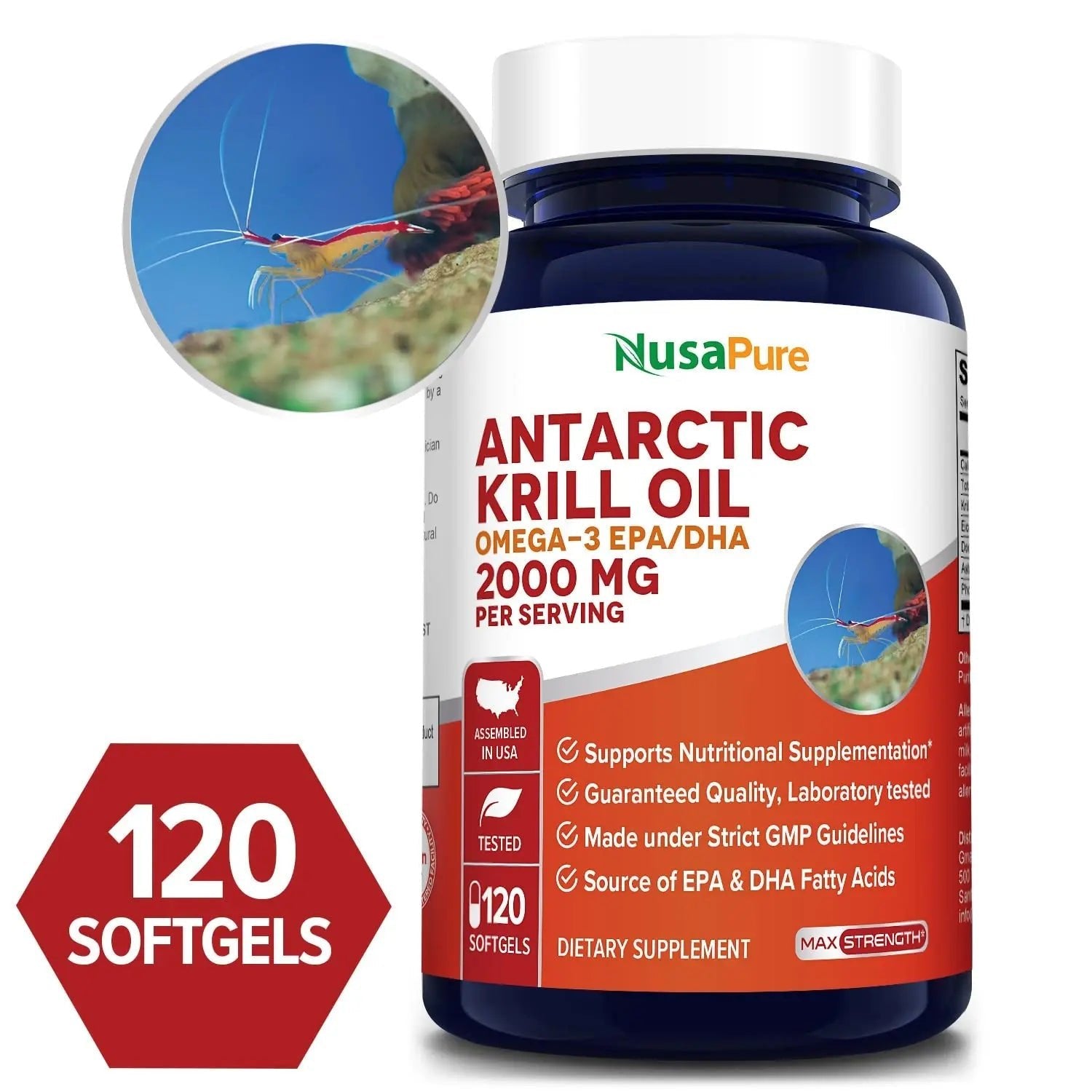 NusaPure Antarctic Krill Oil 2000 mg 120 Softgels, Omega-3 EPA 360mg, DHA 240mg - TrustMedUSA