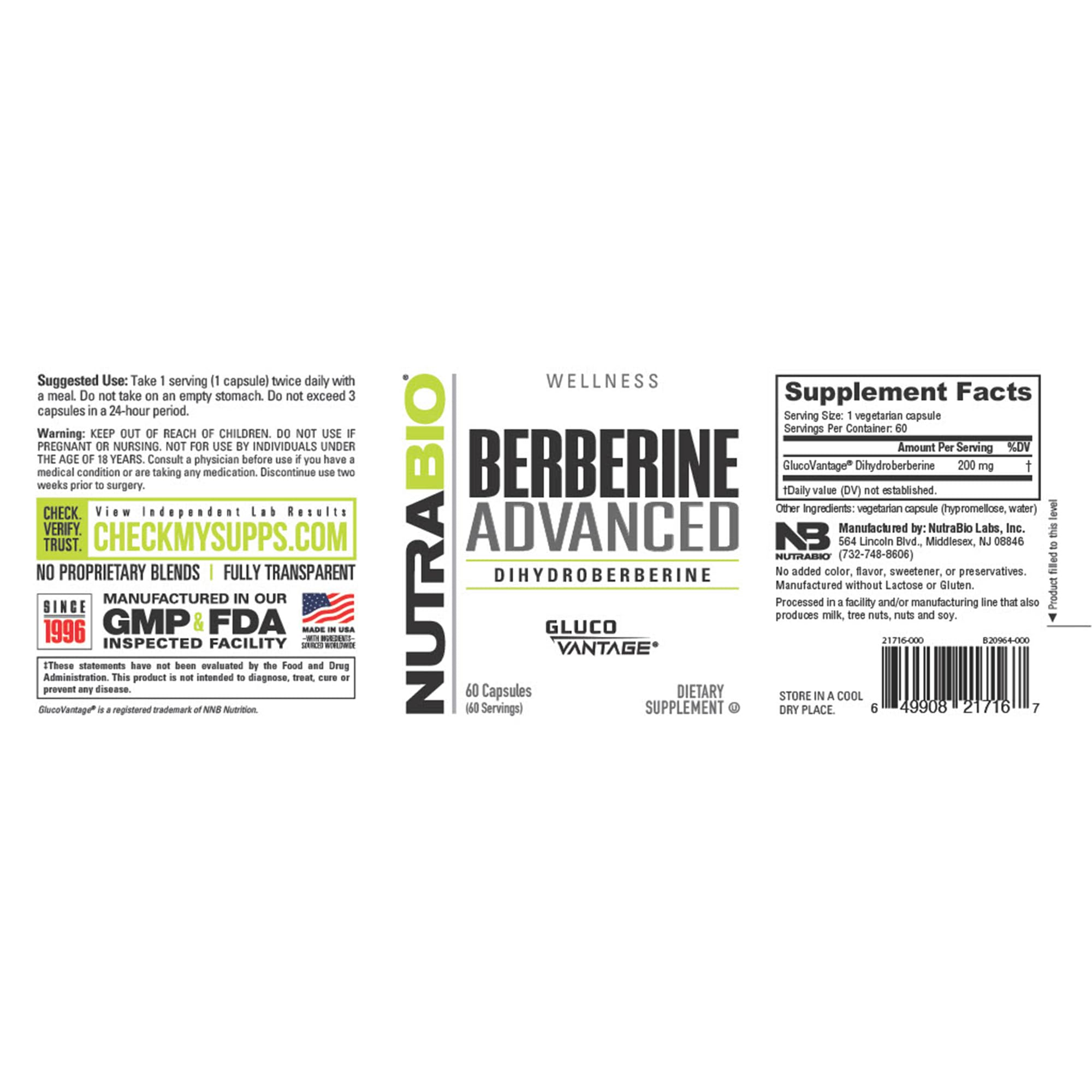 NutraBio Berberine Advanced Supplement (Dihydroberberine), 200 mg - Provides Advanced Absorption Carbohydrate Tolerance Support, 60 Caps - TrustMedUSA