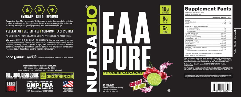 NutraBio – EAA Pure – 9 Amino Acids – Muscle Repair and Recovery, 30 Servings, Cherry Limeade – Pre or Post Workout – All Day Recovery - TrustMedUSA