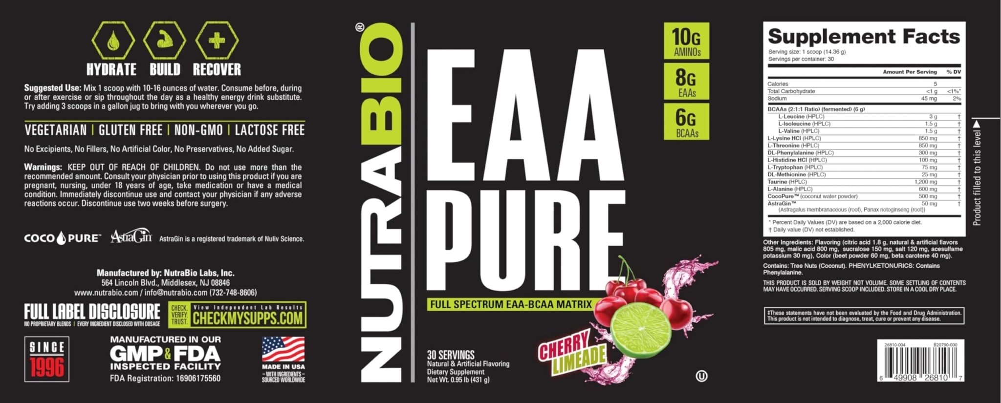 NutraBio – EAA Pure – 9 Amino Acids – Muscle Repair and Recovery, 30 Servings, Cherry Limeade – Pre or Post Workout – All Day Recovery - TrustMedUSA