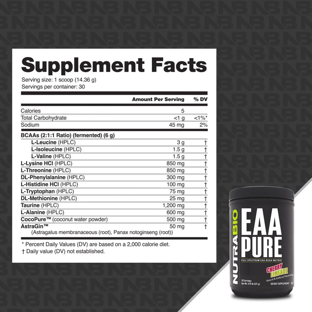 NutraBio – EAA Pure – 9 Amino Acids – Muscle Repair and Recovery, 30 Servings, Cherry Limeade – Pre or Post Workout – All Day Recovery - TrustMedUSA