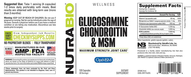 NutraBio Glucosamine Chondroitin & OptiMSM Supplement, Joint Support Formula - 120 Capsules (120 Count) - TrustMedUSA