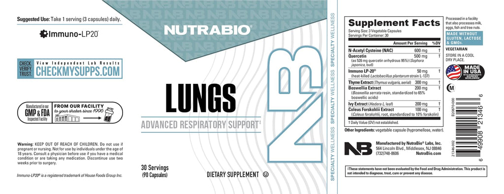 NutraBio Lungs Supplement - Blend of Immuno-LP20 and Natural Extracts to Help Support Respiratory & Immune Health - 90 Capsules - TrustMedUSA