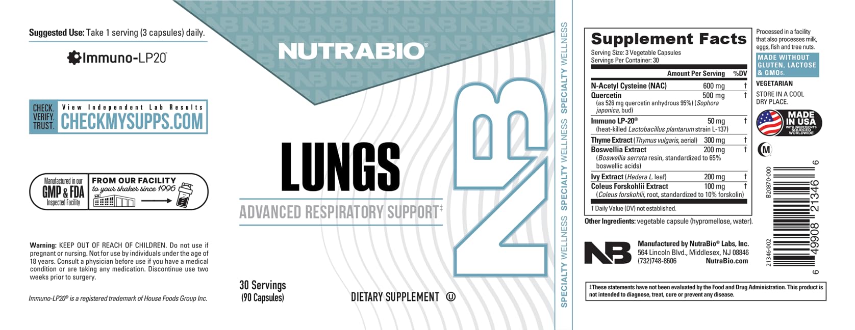 NutraBio Lungs Supplement - Blend of Immuno-LP20 and Natural Extracts to Help Support Respiratory & Immune Health - 90 Capsules - TrustMedUSA
