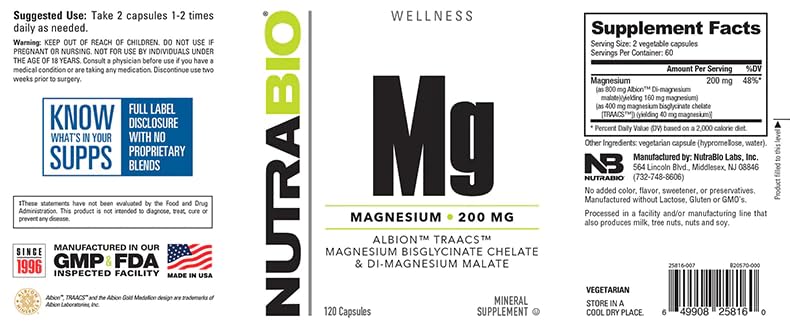 NutraBio Magnesium Supplement, Magnesium Glycinate for Sleep, Biglycinate, D-Magnesium Malate, Muscle & Nerve Support, for Men and Women, 120 Vegetable Capsules - TrustMedUSA