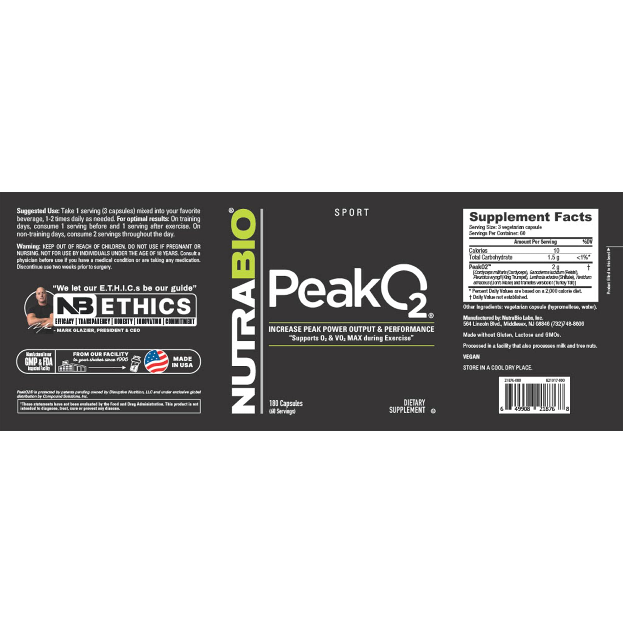 NutraBio PeakO2 Workout Supplement, 180 Capsules - Mushroom Blend Supplement to Help Enhance Athletic Performance and Overall Health, 60 Servings - TrustMedUSA