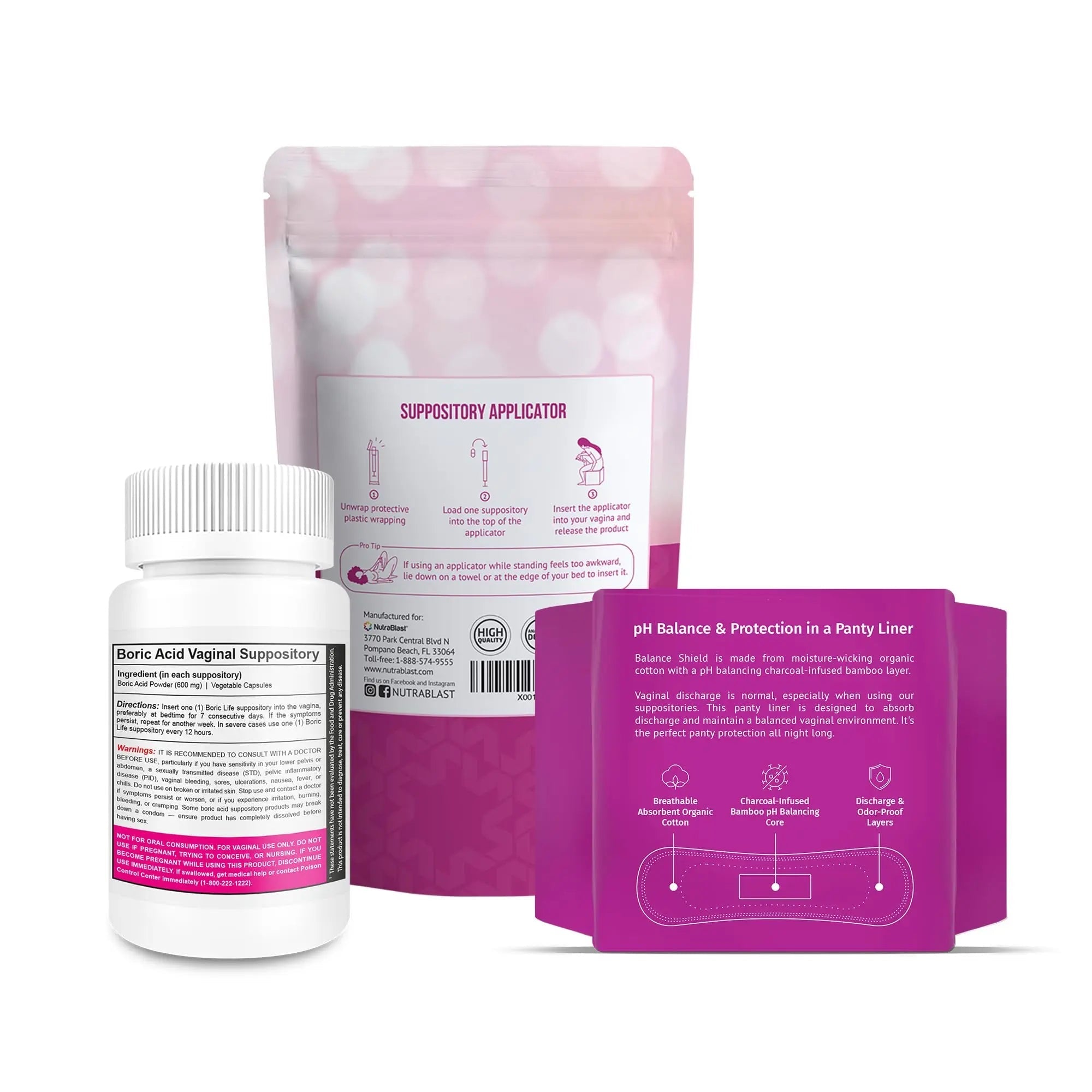 NutraBlast Boric Acid Suppositories 600mg (30 Count) Bundle with Disposable Applicators (15-Pack) and Balance Shield Panty Liners (180mm, 20-Pack) - TrustMedUSA