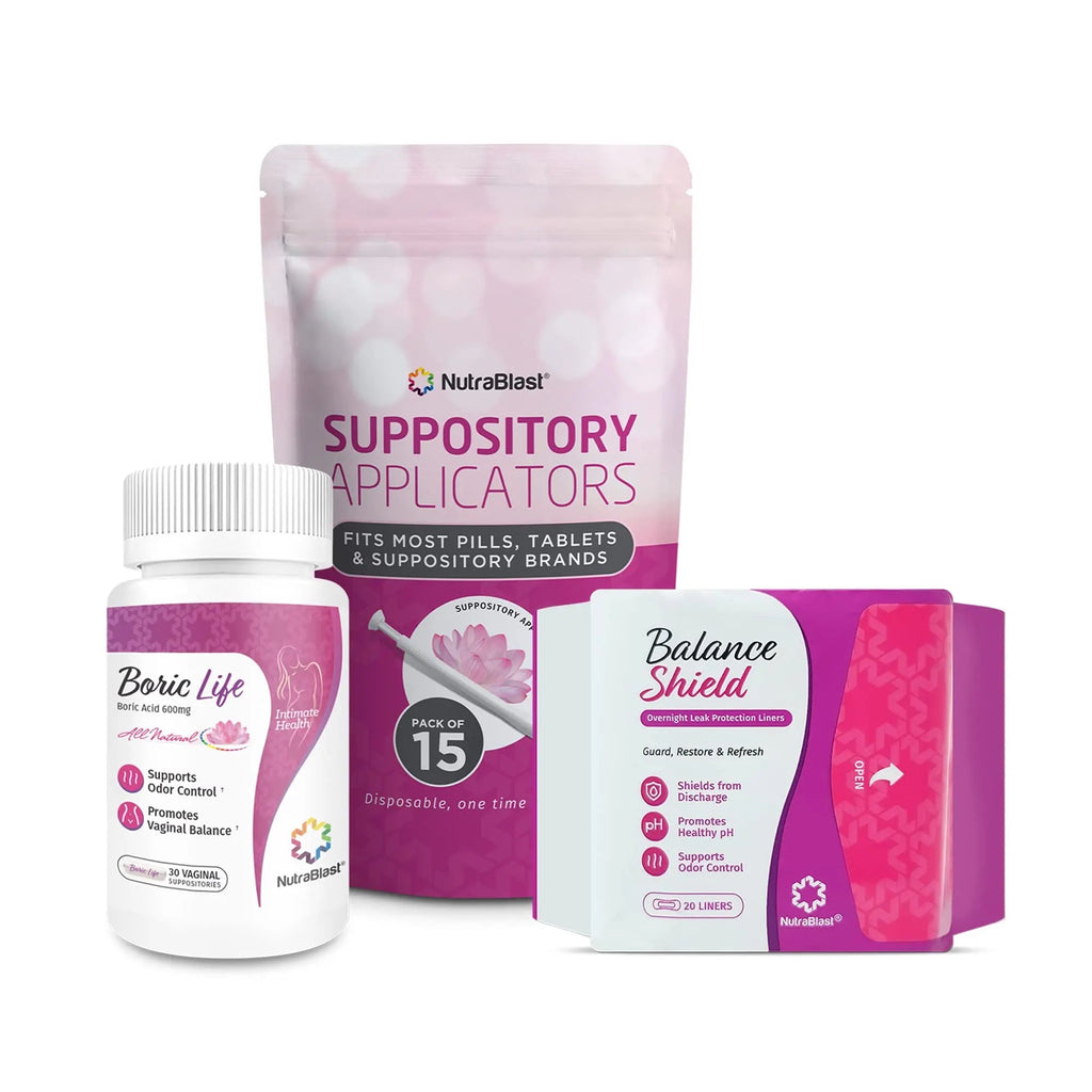 NutraBlast Boric Acid Suppositories 600mg (30 Count) Bundle with Disposable Applicators (15-Pack) and Balance Shield Panty Liners (180mm, 20-Pack) - TrustMedUSA
