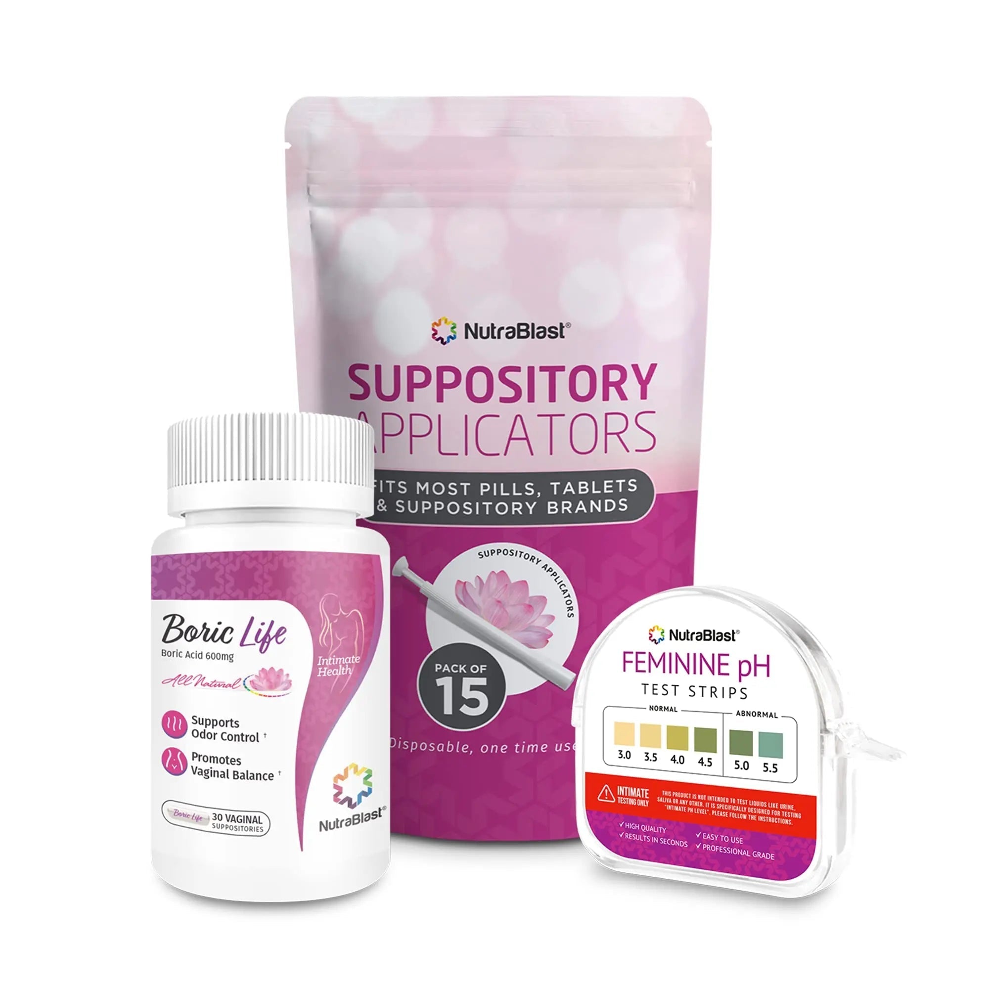NutraBlast Boric Acid Suppositories 600mg (30 Count) Bundle with Disposable Suppository Applicators (15-Pack) and Feminine pH Test Strips 3.0-5.5 (100 Tests Roll) - TrustMedUSA