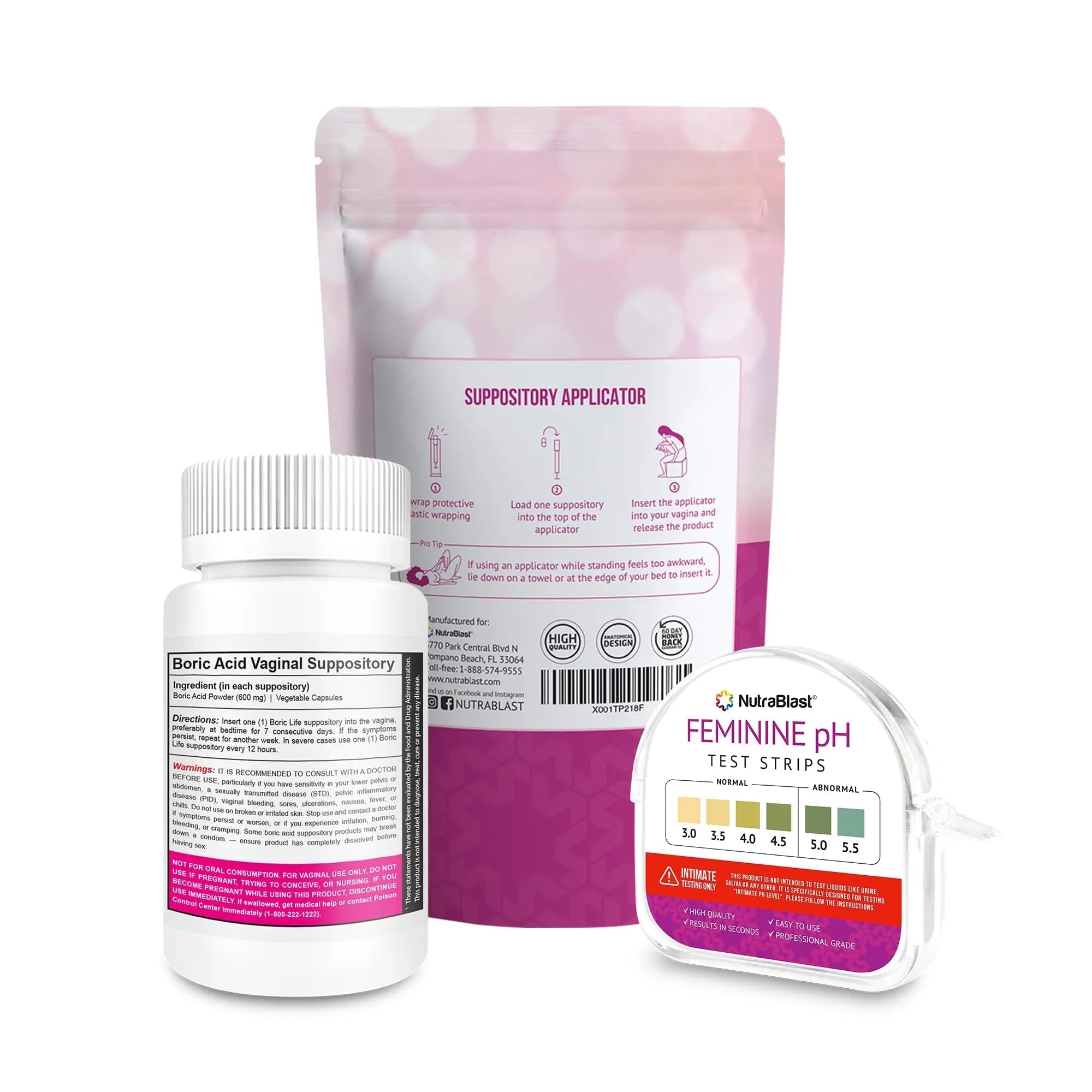 NutraBlast Boric Acid Suppositories 600mg (30 Count) Bundle with Disposable Suppository Applicators (15-Pack) and Feminine pH Test Strips 3.0-5.5 (100 Tests Roll) - TrustMedUSA