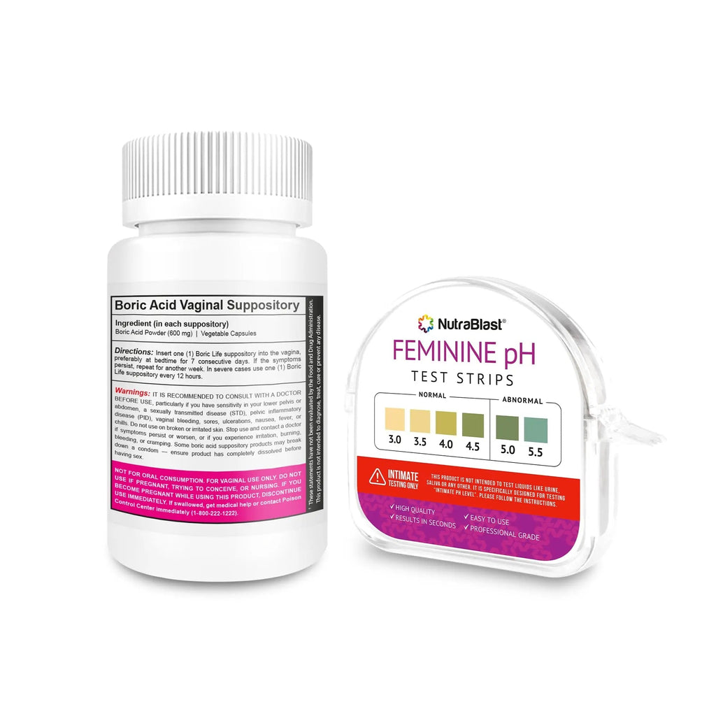 NutraBlast Boric Acid Suppositories 600mg (30 Count) Bundle with Feminine pH Test Strips 3.0-5.5 (100 Tests Roll) | Monitor Intimate Health | Accurate Women’s Acidity & Alkalinity - TrustMedUSA