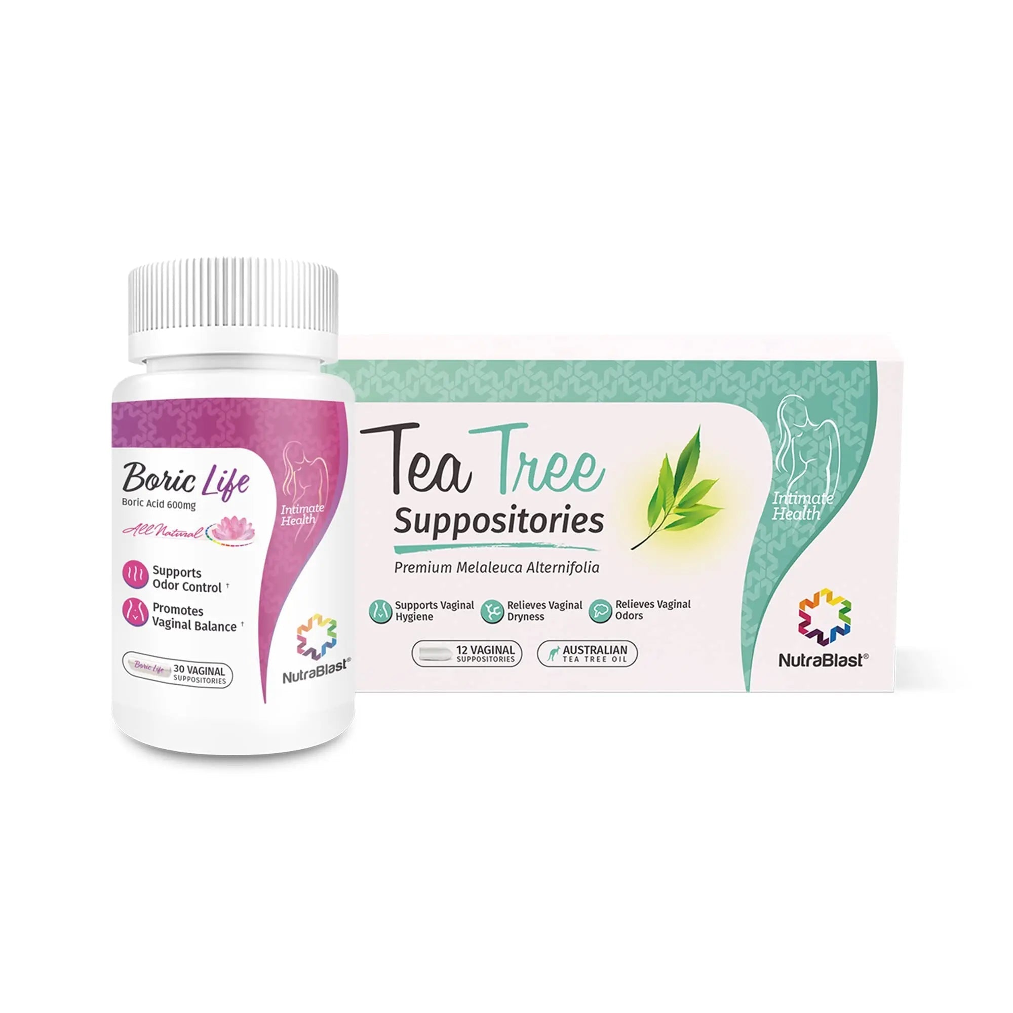 NutraBlast Boric Acid Suppositories 600mg (30 Count) Bundle with Tea Tree Oil Suppositories (12 Count) | All Natural Intimate Deodorant for Women | Restore Feminine pH Balance - TrustMedUSA