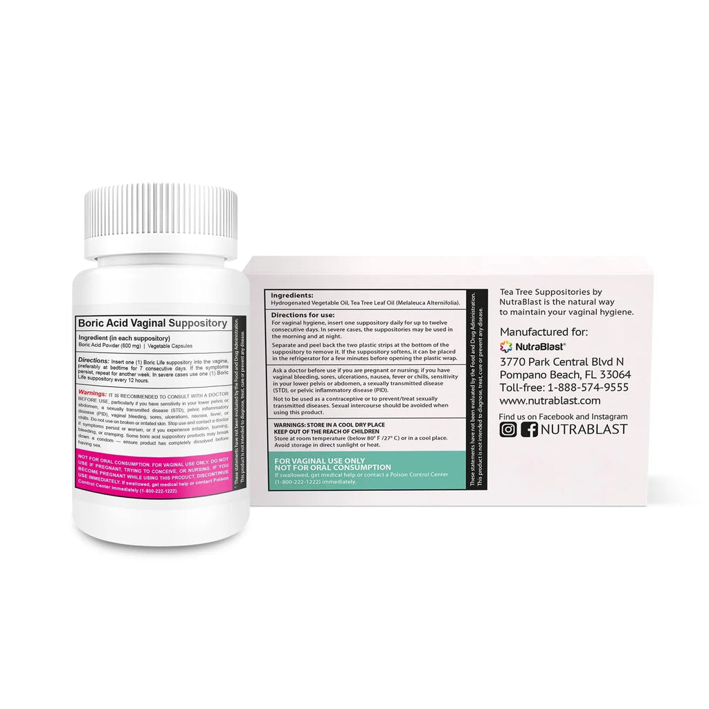 NutraBlast Boric Acid Suppositories 600mg (30 Count) Bundle with Tea Tree Oil Suppositories (12 Count) | All Natural Intimate Deodorant for Women | Restore Feminine pH Balance - TrustMedUSA