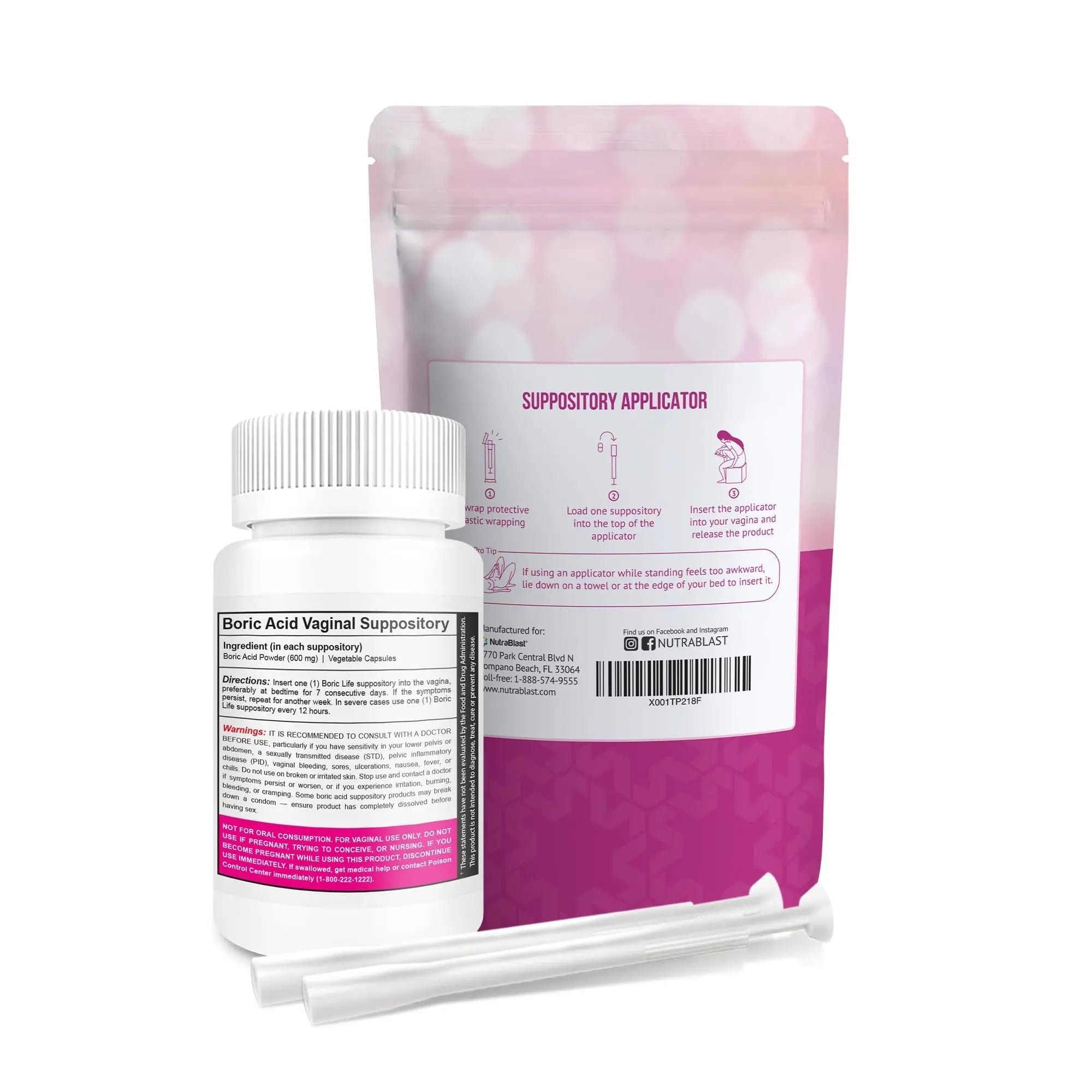 NutraBlast Boric Acid Suppositories 600mg Bundle with Applicator, 30 Suppositories & 15 Applicators - Feminine Care - Made in USA - TrustMedUSA