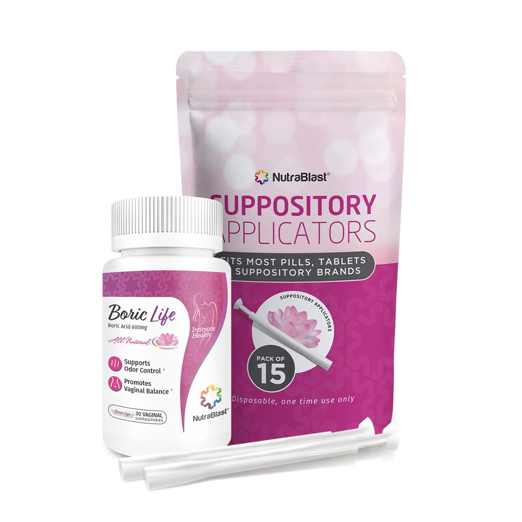 NutraBlast Boric Acid Suppositories 600mg Bundle with Applicator, 30 Suppositories & 15 Applicators - Feminine Care - Made in USA - TrustMedUSA