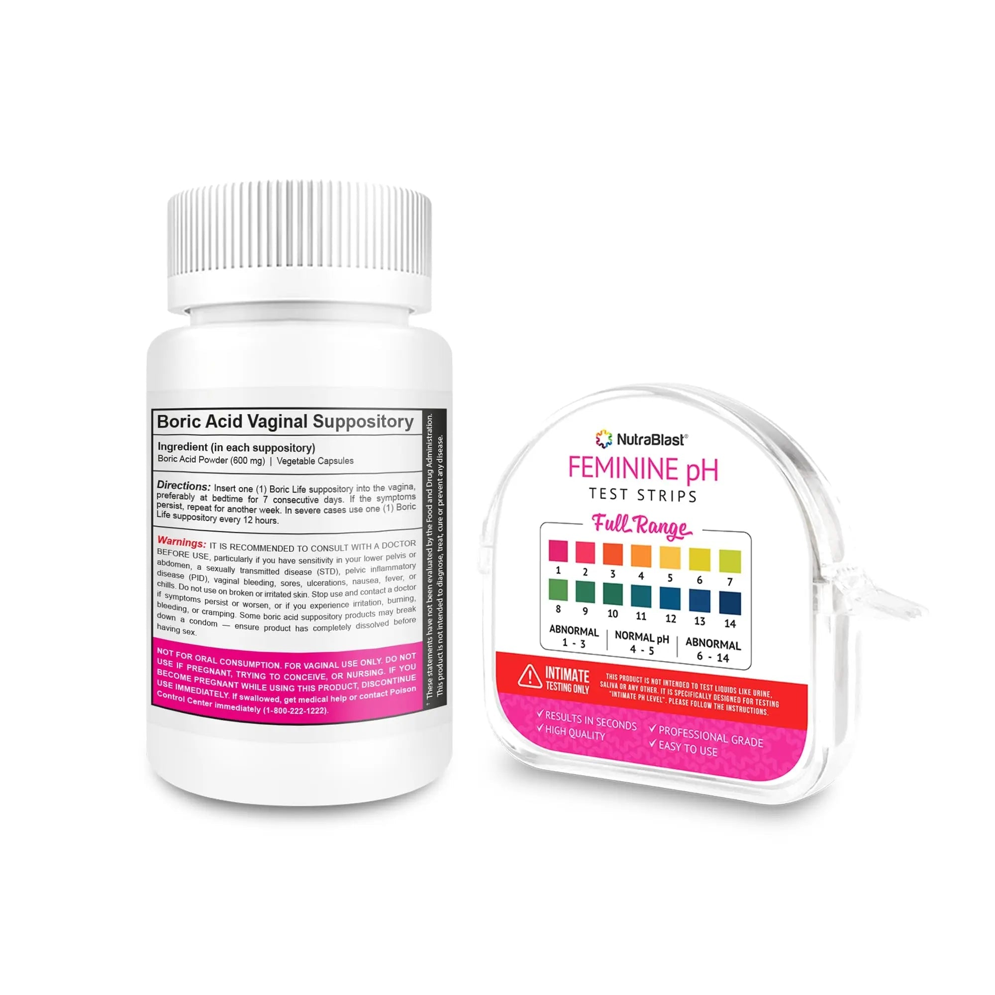 NutraBlast Boric Acid Vaginal Suppositories 600mg (30 Count) & Feminine pH Test Strips 1-14 (100-Tests Roll) | Monitor Feminine Intimate Health | Acidity & Alkalinity Balance - TrustMedUSA