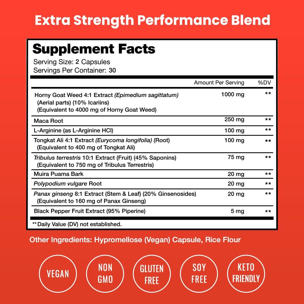 NutraChamps Horny Goat Weed, 1000mg Epimedium Energy Supplement, 10X Strength Icariin, Ginseng, Tribulus & Maca Pills for Women & Men, Enhanced Absorption with Black Pepper, 60 Vegan Capsules - TrustMedUSA