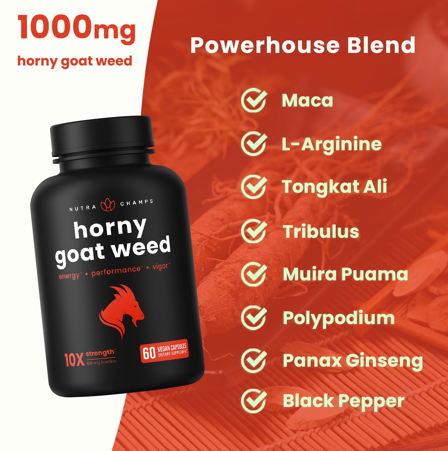 NutraChamps Horny Goat Weed, 1000mg Epimedium Energy Supplement, 10X Strength Icariin, Ginseng, Tribulus & Maca Pills for Women & Men, Enhanced Absorption with Black Pepper, 60 Vegan Capsules - TrustMedUSA