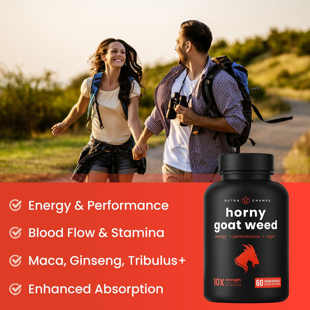 NutraChamps Horny Goat Weed, 1000mg Epimedium Energy Supplement, 10X Strength Icariin, Ginseng, Tribulus & Maca Pills for Women & Men, Enhanced Absorption with Black Pepper, 60 Vegan Capsules - TrustMedUSA