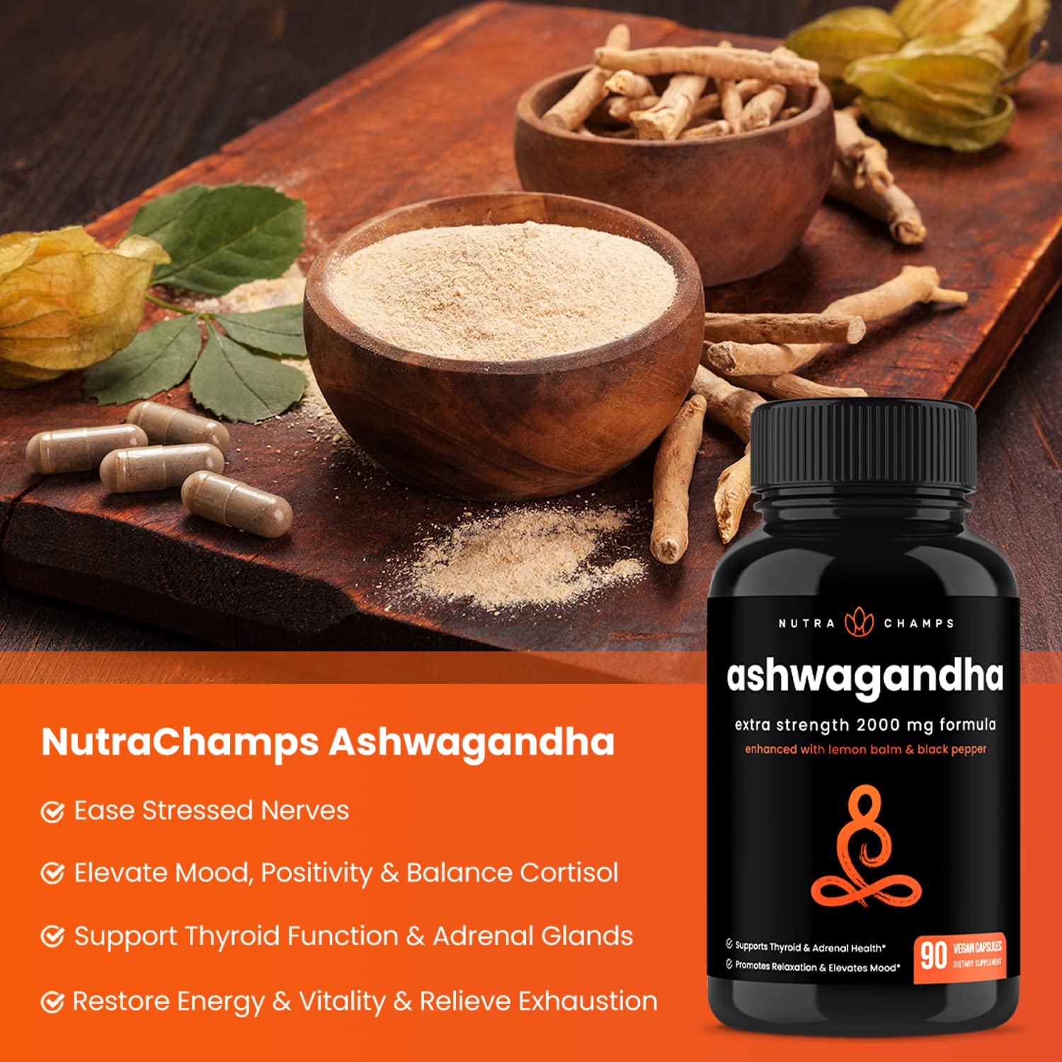 NutraChamps Organic Ashwagandha Capsules, 2000mg Adrenal Fatigue, Thyroid & Mood Support Ashwagandha Supplements, Ashwagandha Root Powder & Lemon Balm, Superior Absorption with Black Pepper - TrustMedUSA
