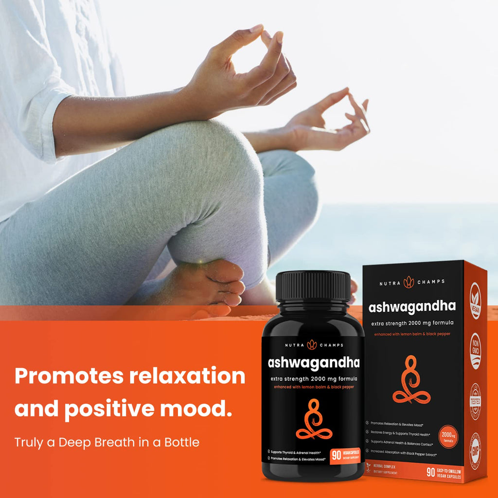 NutraChamps Organic Ashwagandha Capsules, 2000mg Adrenal Fatigue, Thyroid & Mood Support Ashwagandha Supplements, Ashwagandha Root Powder & Lemon Balm, Superior Absorption with Black Pepper - TrustMedUSA