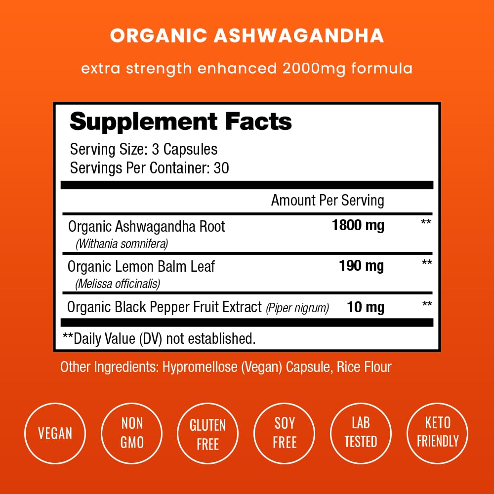 NutraChamps Organic Ashwagandha Capsules, 2000mg Adrenal Fatigue, Thyroid & Mood Support Ashwagandha Supplements, Ashwagandha Root Powder & Lemon Balm, Superior Absorption with Black Pepper - TrustMedUSA