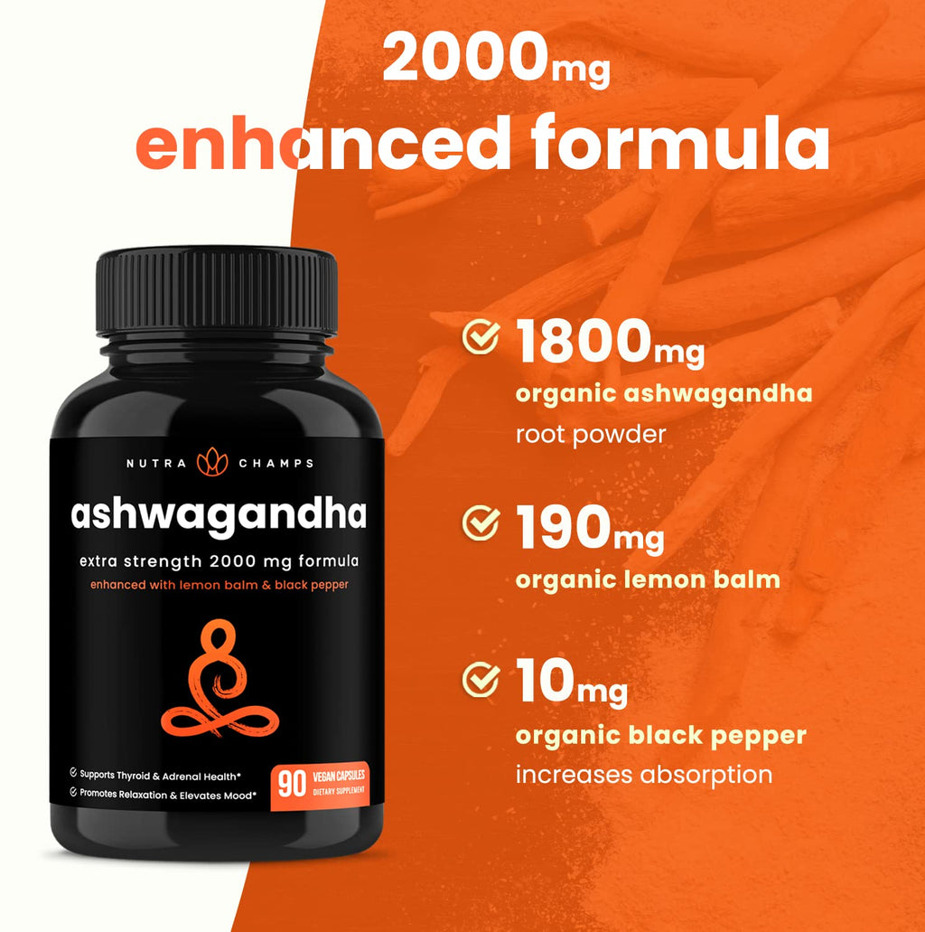 NutraChamps Organic Ashwagandha Capsules, 2000mg Adrenal Fatigue, Thyroid & Mood Support Ashwagandha Supplements, Ashwagandha Root Powder & Lemon Balm, Superior Absorption with Black Pepper - TrustMedUSA