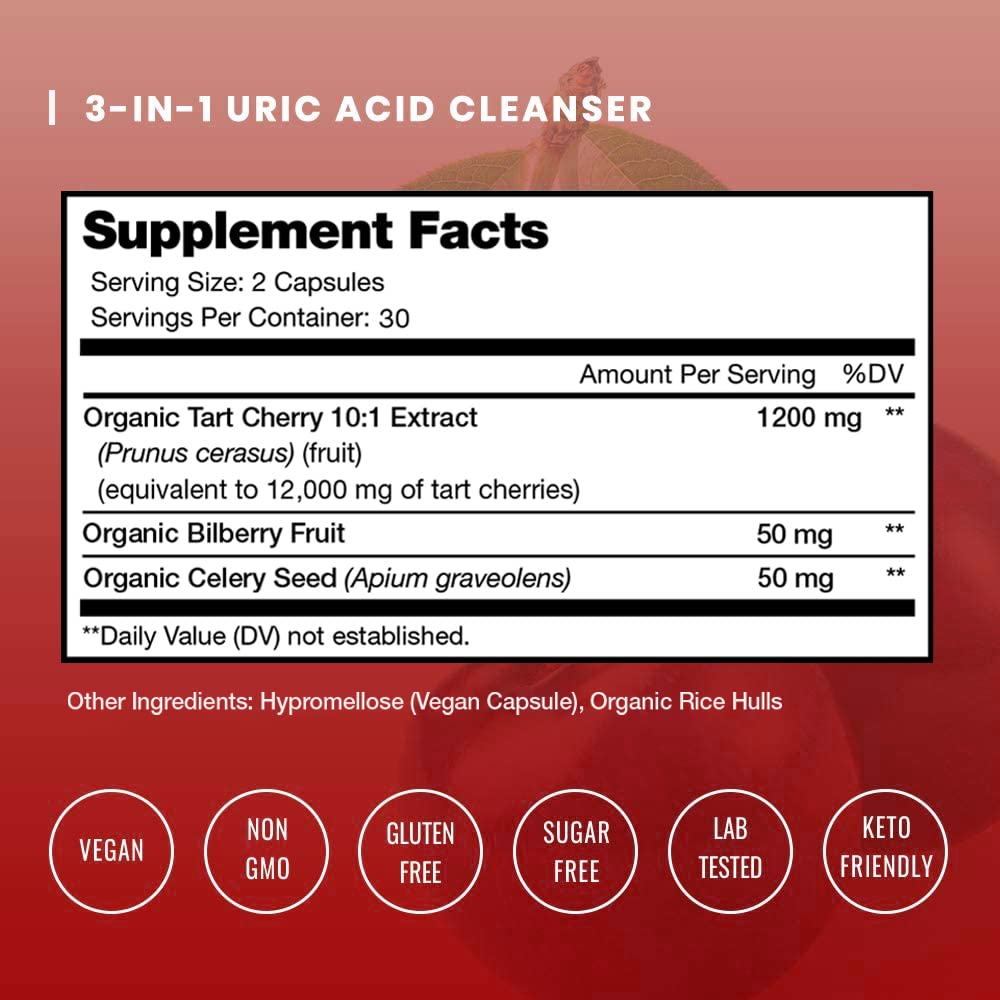 NutraChamps Organic Tart Cherry Extract Capsules - Made from Montmorency Tart Cherry Concentrate, Celery Seed & Bilberry - Uric Acid Cleanse & Joint Support - Vegan Capsules - TrustMedUSA