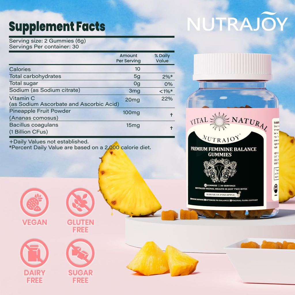 NUTRAJOY Premium Feminine Balance Gummies, for Women's Ph Health, Vaginal Wellness Support, Immune Support, Energy Support, Hawaiian Pineapple, Vegan Gluten-Free, 60 Gummies - TrustMedUSA