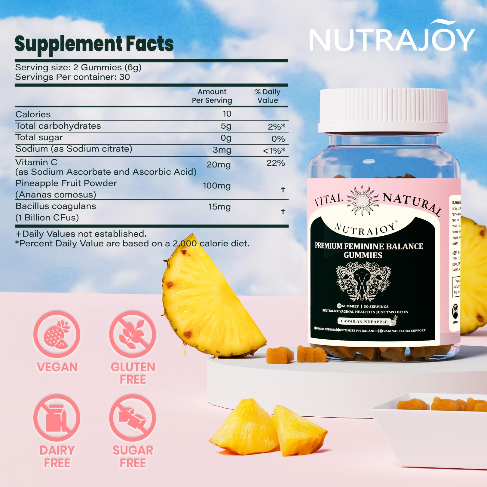 NUTRAJOY Premium Feminine Balance Gummies, for Women's Ph Health, Vaginal Wellness Support, Immune Support, Energy Support, Hawaiian Pineapple, Vegan Gluten-Free, 60 Gummies - TrustMedUSA