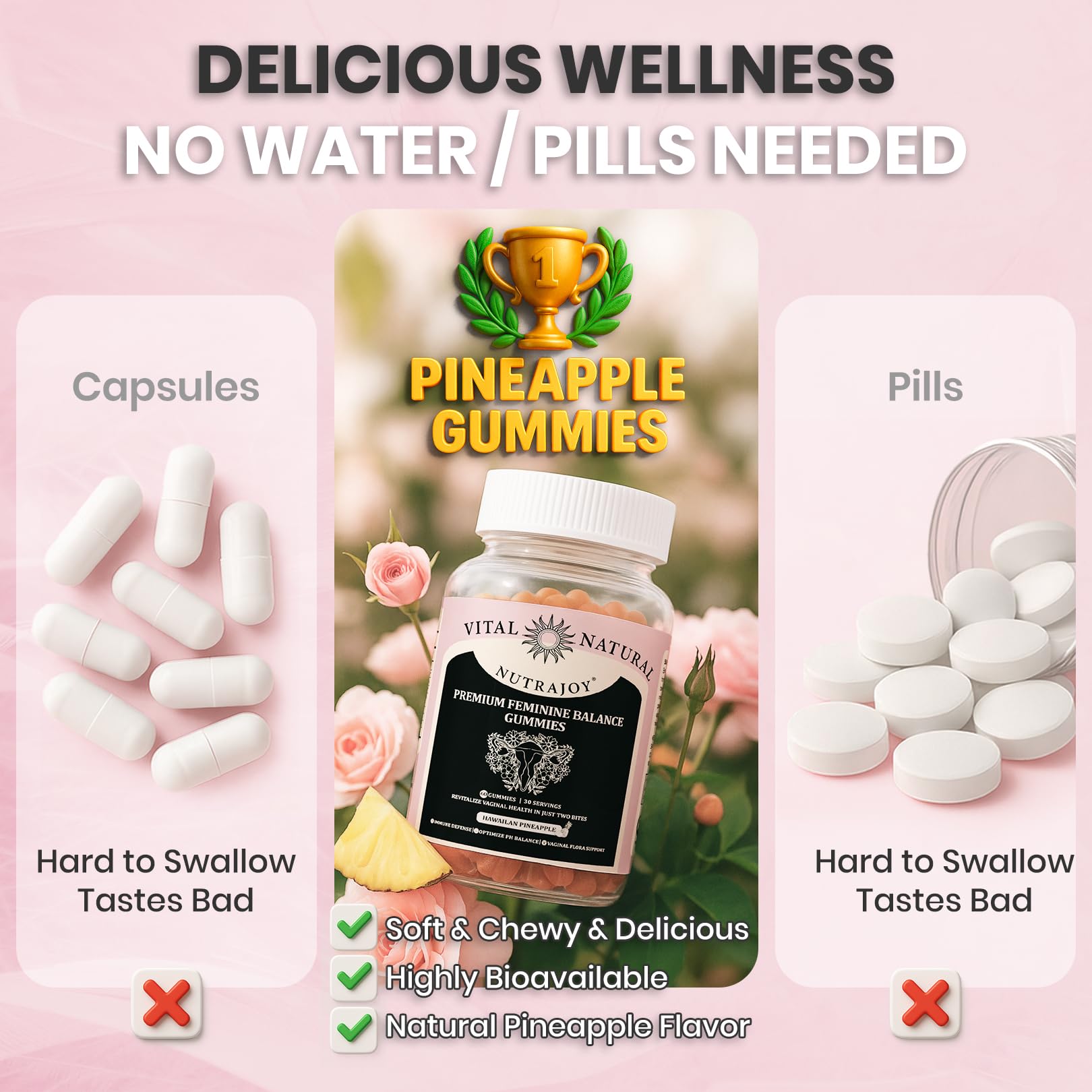NUTRAJOY Premium Feminine Balance Gummies, for Women's Ph Health, Vaginal Wellness Support, Immune Support, Energy Support, Hawaiian Pineapple, Vegan Gluten-Free, 60 Gummies - TrustMedUSA