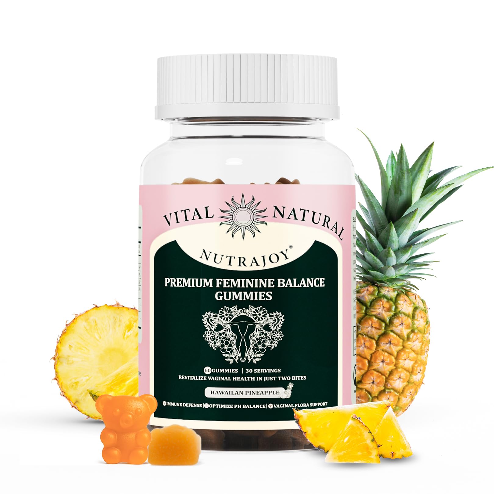 NUTRAJOY Premium Feminine Balance Gummies, for Women's Ph Health, Vaginal Wellness Support, Immune Support, Energy Support, Hawaiian Pineapple, Vegan Gluten-Free, 60 Gummies - TrustMedUSA