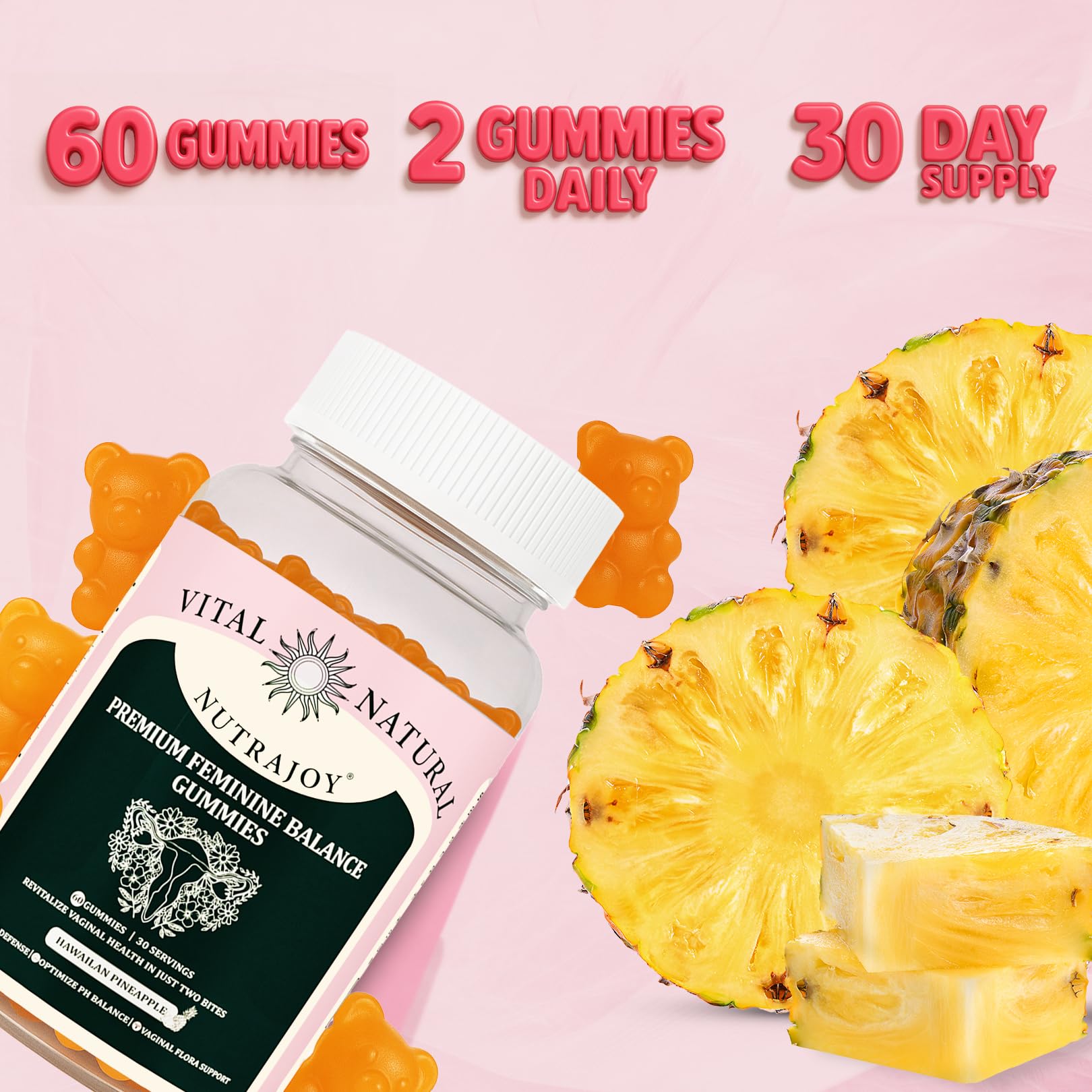 NUTRAJOY Premium Feminine Balance Gummies, for Women's Ph Health, Vaginal Wellness Support, Immune Support, Energy Support, Hawaiian Pineapple, Vegan Gluten-Free, 60 Gummies - TrustMedUSA