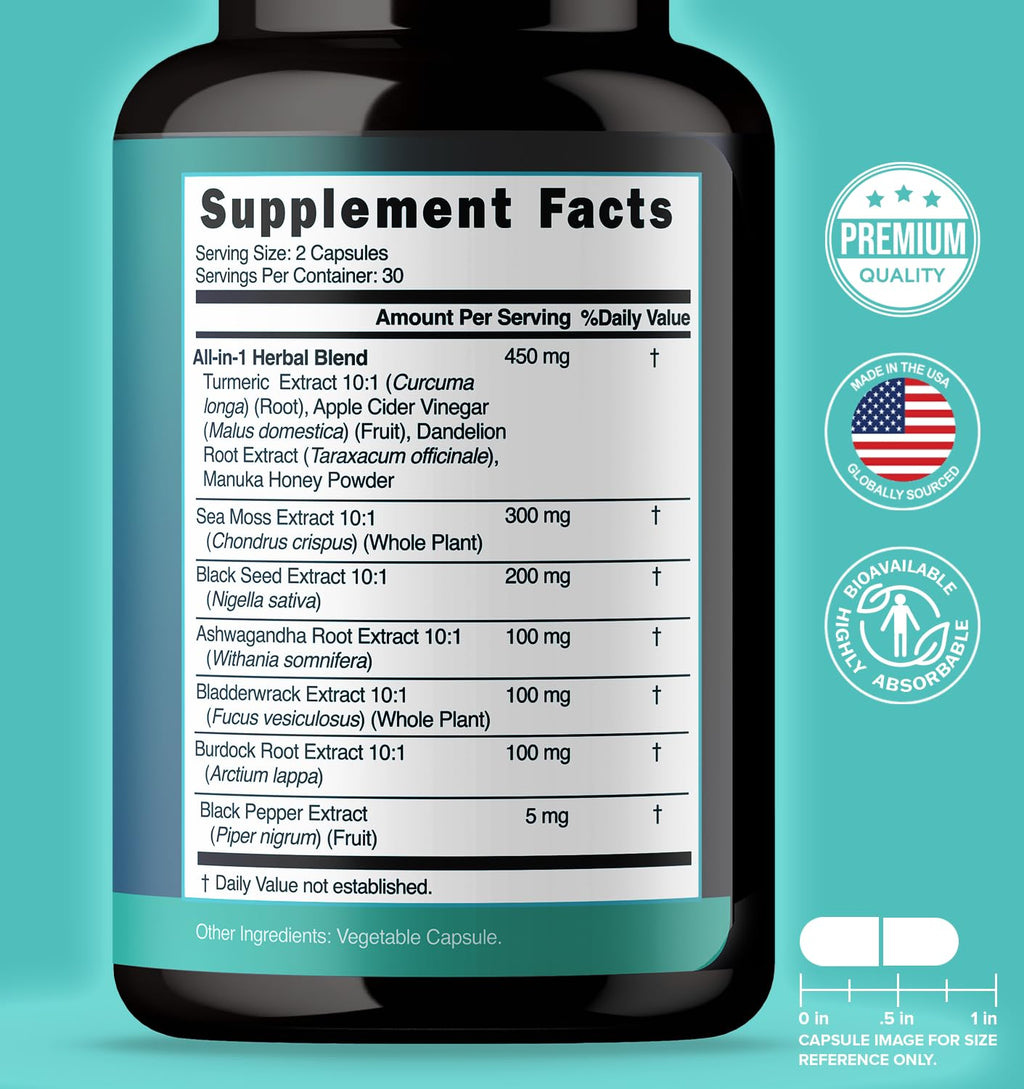 NUTRALAVA Sea Moss Pills, All-in-One Blend with Irish Sea Moss Black Seed Oil Ashwagandha, Sea Moss Capsules for Women and Men - Gluten-Free, Non-GMO, 60 Capsules - TrustMedUSA