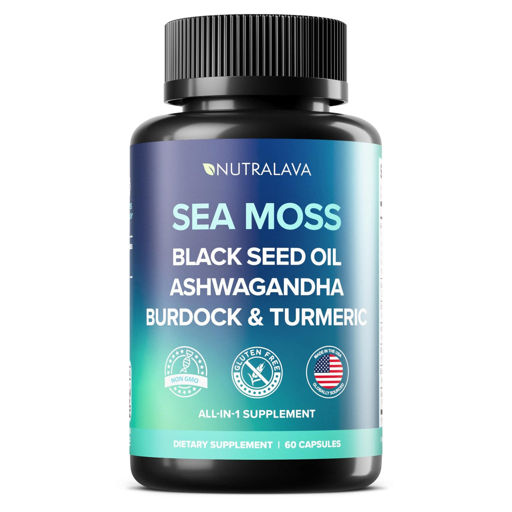 NUTRALAVA Sea Moss Pills, All-in-One Blend with Irish Sea Moss Black Seed Oil Ashwagandha, Sea Moss Capsules for Women and Men - Gluten-Free, Non-GMO, 60 Capsules - TrustMedUSA