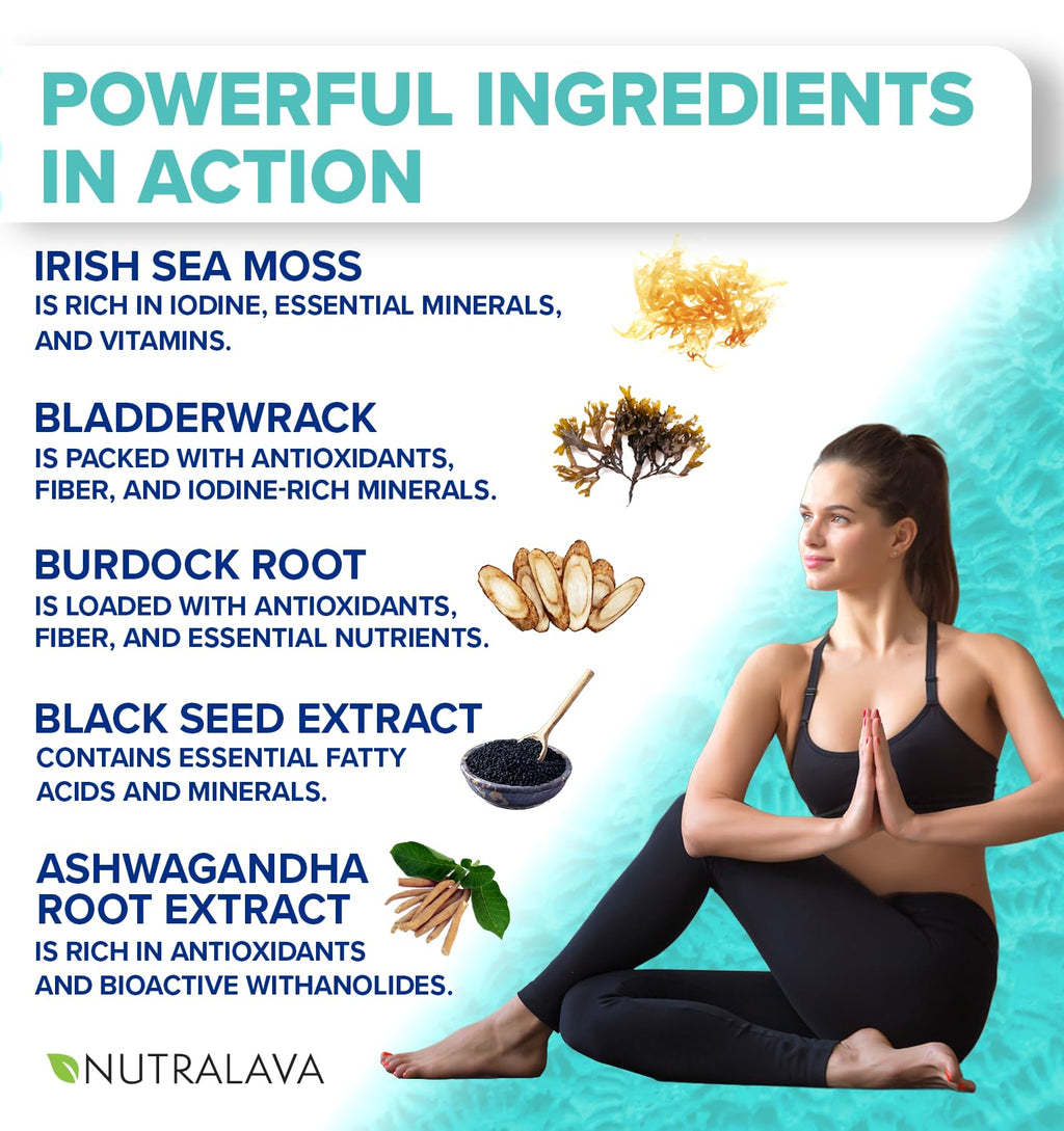 NUTRALAVA Sea Moss Pills, All-in-One Blend with Irish Sea Moss Black Seed Oil Ashwagandha, Sea Moss Capsules for Women and Men - Gluten-Free, Non-GMO, 60 Capsules - TrustMedUSA