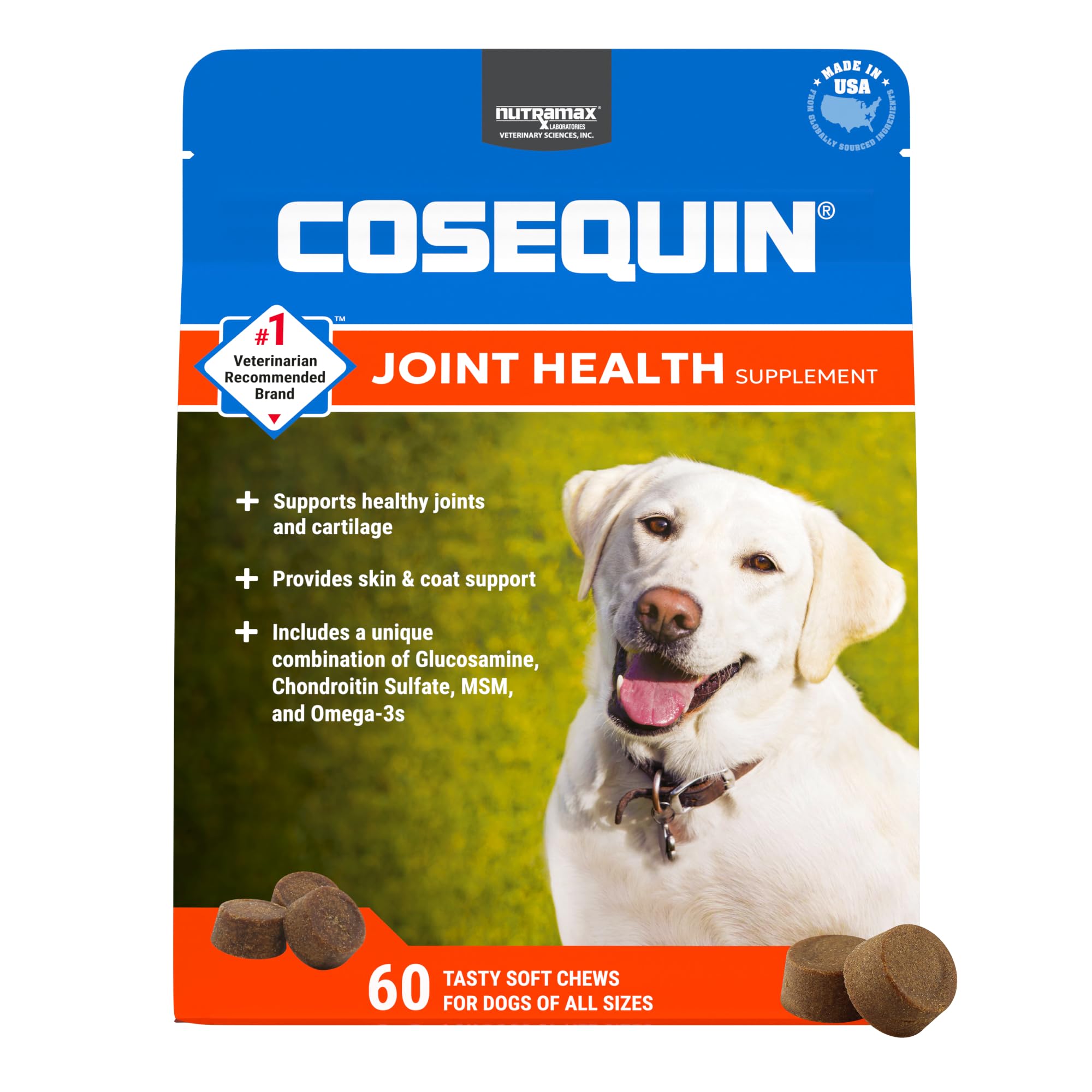 Nutramax Cosequin for Dogs Joint Health Supplement, Contains Glucosamine for Dogs, Chondroitin, MSM and Omega-3s, Supports Joint and Skin and Coat Health, Soft Chews, 60 Count - TrustMedUSA