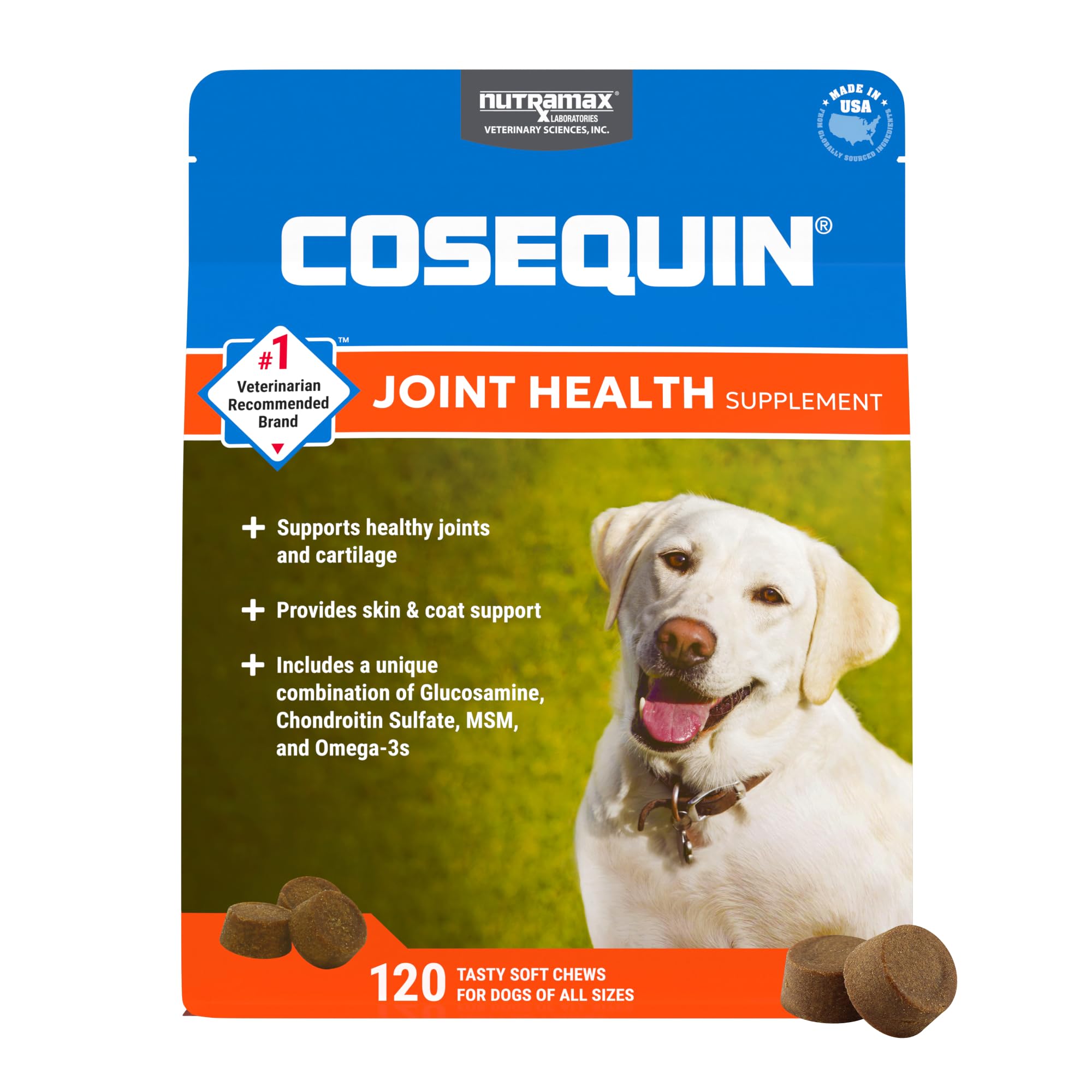 Nutramax Cosequin for Dogs Joint Health Supplement, Contains Glucosamine, Plus Chondroitin, MSM and Omega-3s, Supports Joint and Skin and Coat Health, Soft Chews, 120 Count - TrustMedUSA