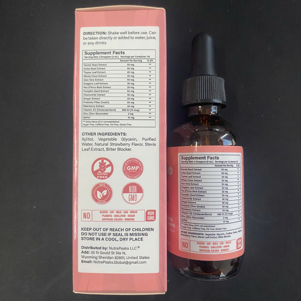 NutraPeaks Kids Liquid Botanical Drops – Natural Blend with Prebiotics, Chamomile, Ginger & Elderberry – Sugar-Free, Alcohol-Free, Non-GMO – 2 fl oz - TrustMedUSA
