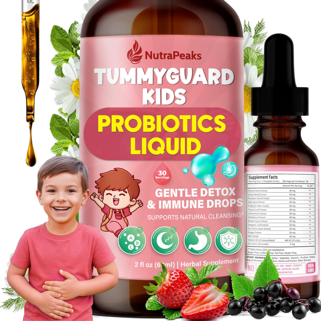 NutraPeaks Kids Liquid Botanical Drops – Natural Blend with Prebiotics, Chamomile, Ginger & Elderberry – Sugar-Free, Alcohol-Free, Non-GMO – 2 fl oz - TrustMedUSA