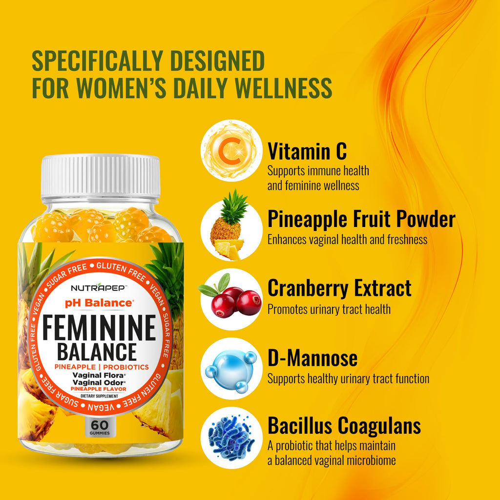 NutraPep Feminine Balance Probiotics Gummies for Women - Vaginal Health & Women's pH Balance Natural Gummy Supplement with Cranberry Pineapple Powder - Sugar Free Gluten Free Vegan (Pack of 2) - TrustMedUSA