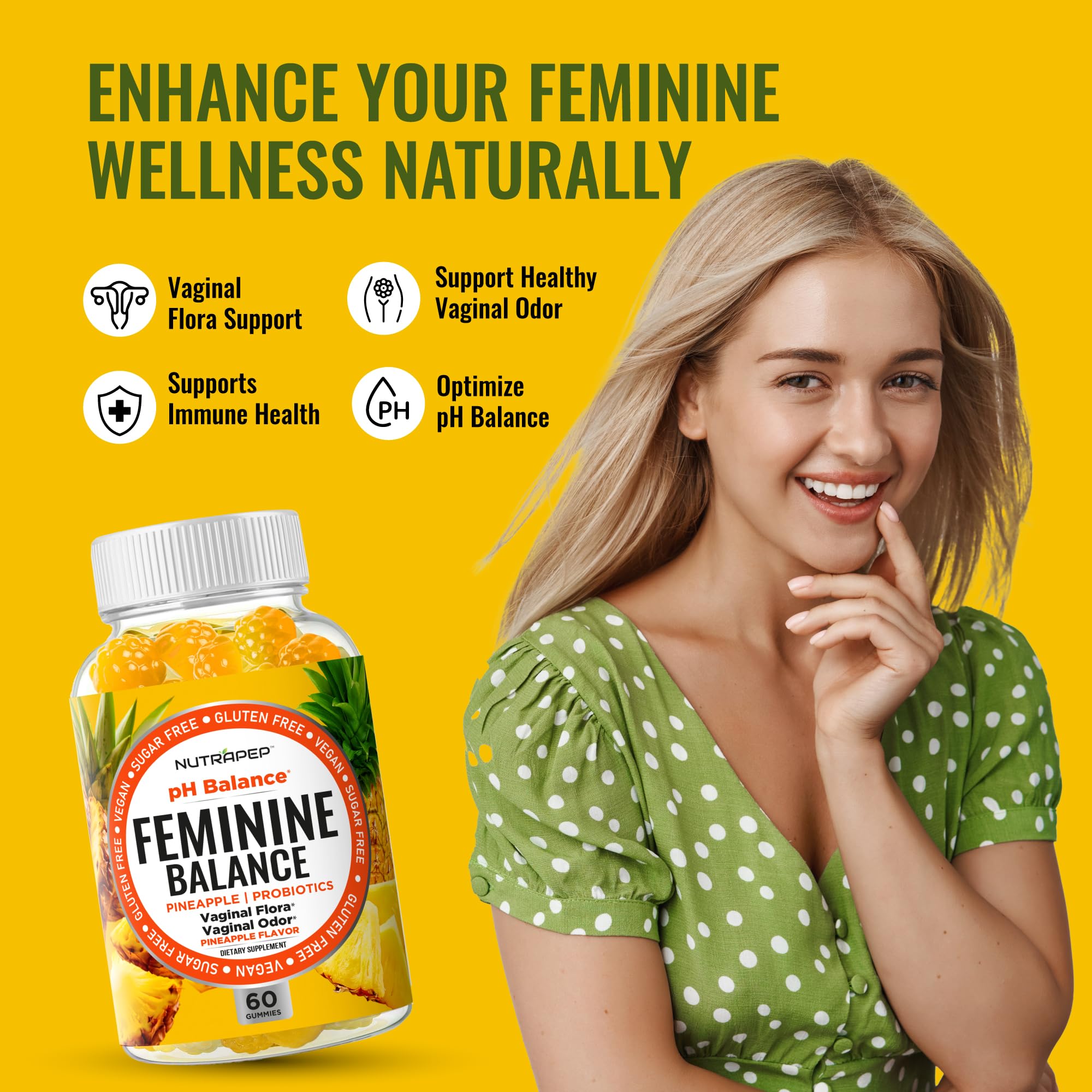 NutraPep Feminine Balance Probiotics Gummies for Women - Vaginal Health & Women's pH Balance Natural Gummy Supplement with Cranberry Pineapple Powder - Sugar Free Gluten Free Vegan (Pack of 2) - TrustMedUSA
